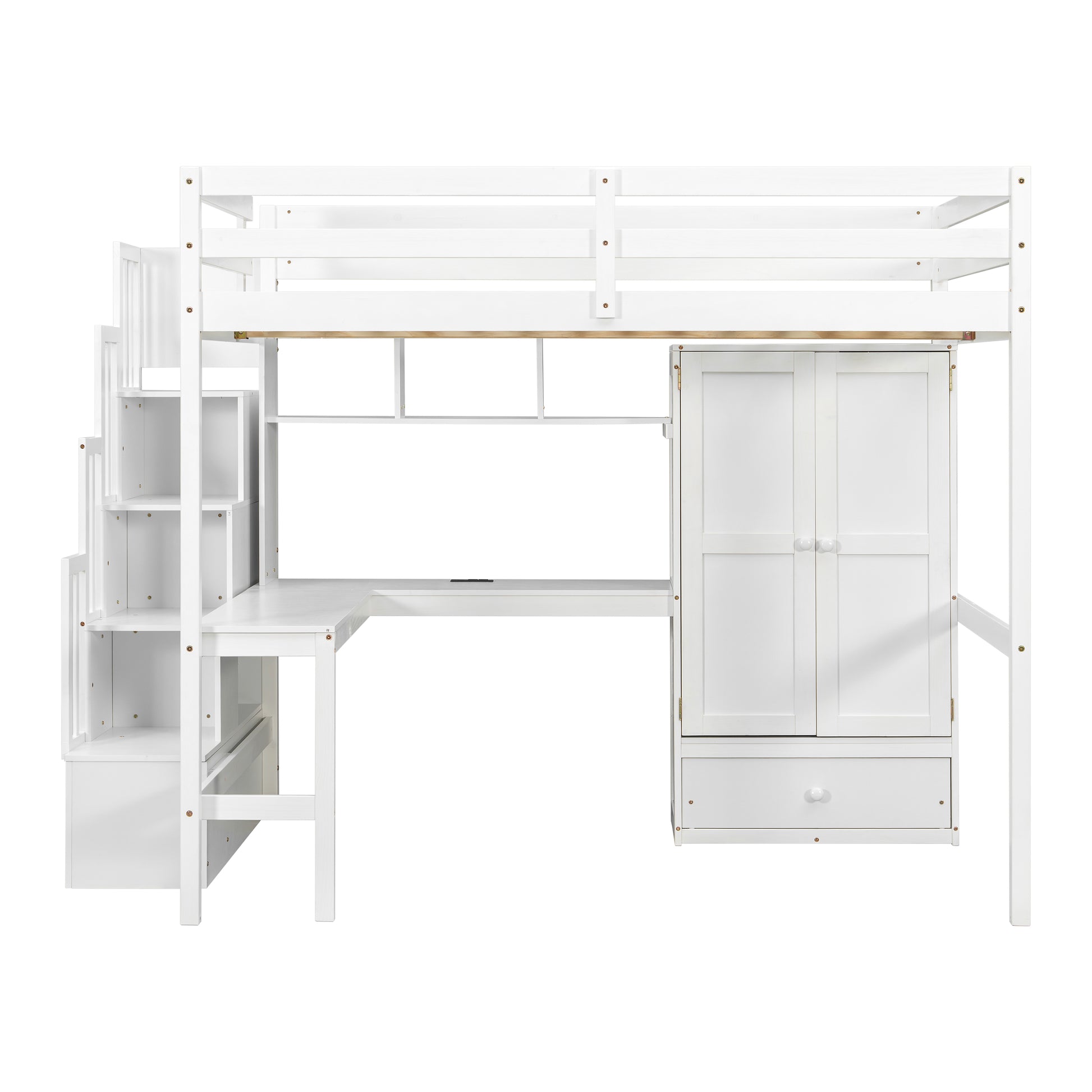 Sorrel white loft bed showing an angled front view with L-shaped desk wardrobe and storage stairs