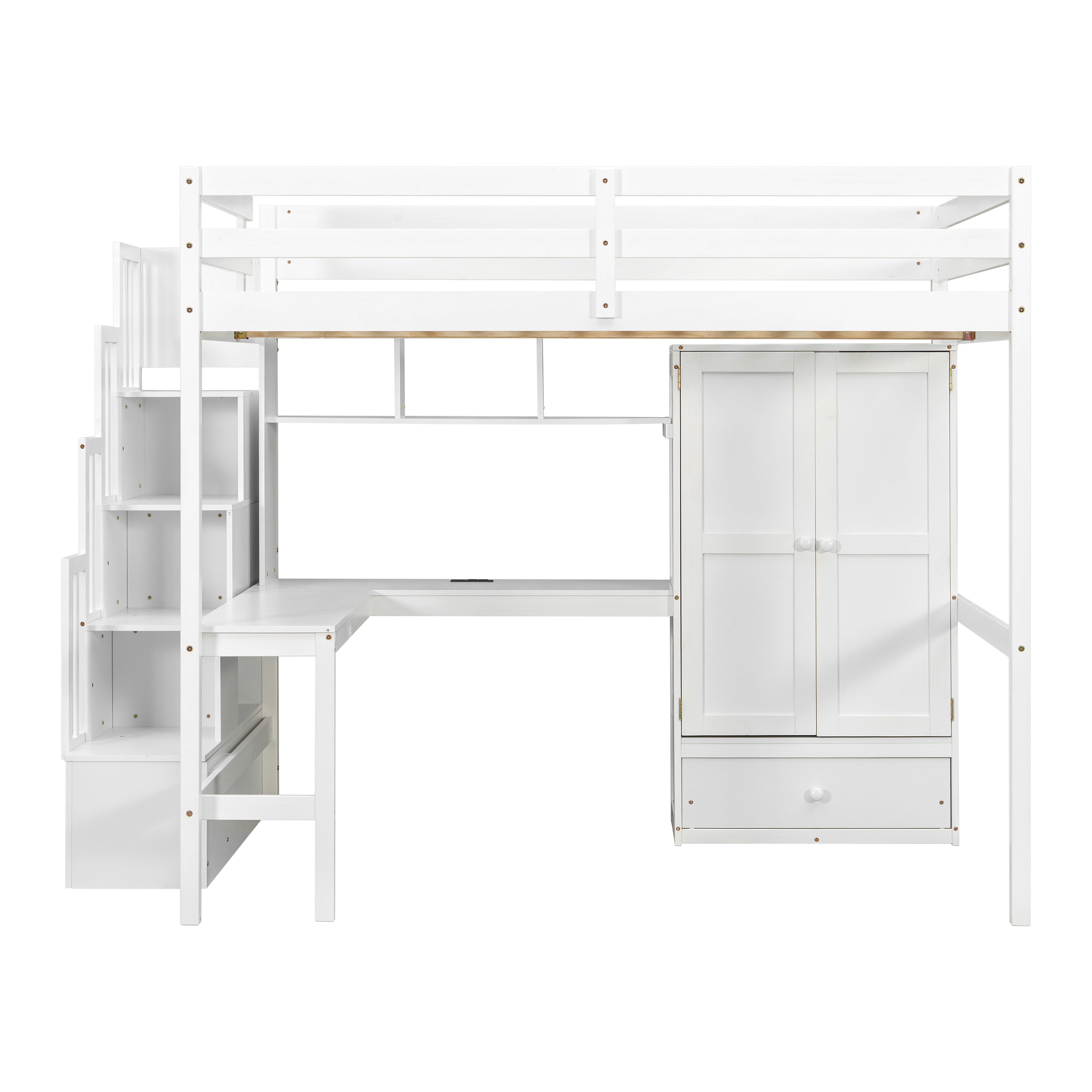 Sorrel white loft bed showing an angled front view with L-shaped desk wardrobe and storage stairs