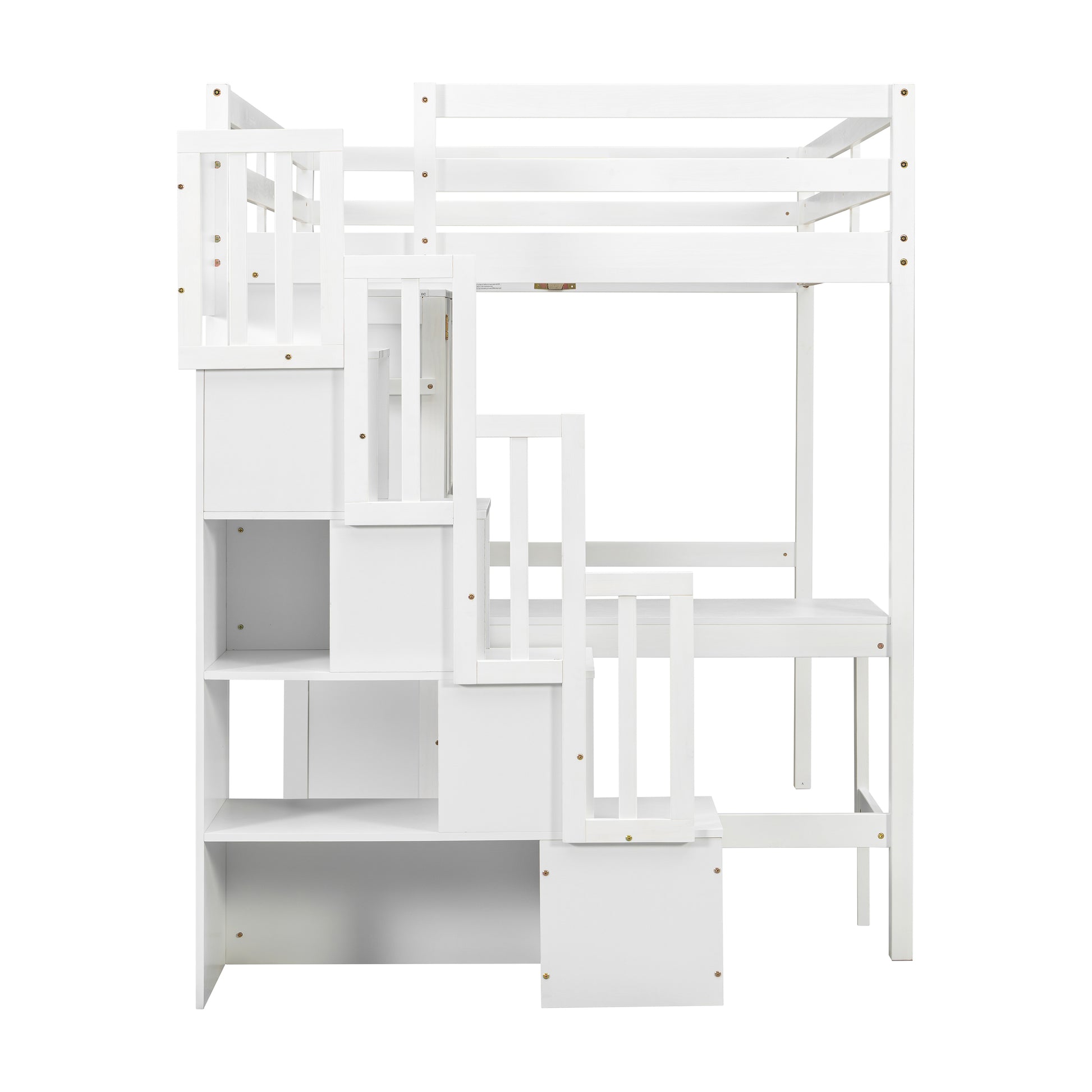 Sorrel white loft bed showing the front view with desk shelving wardrobe and stairs