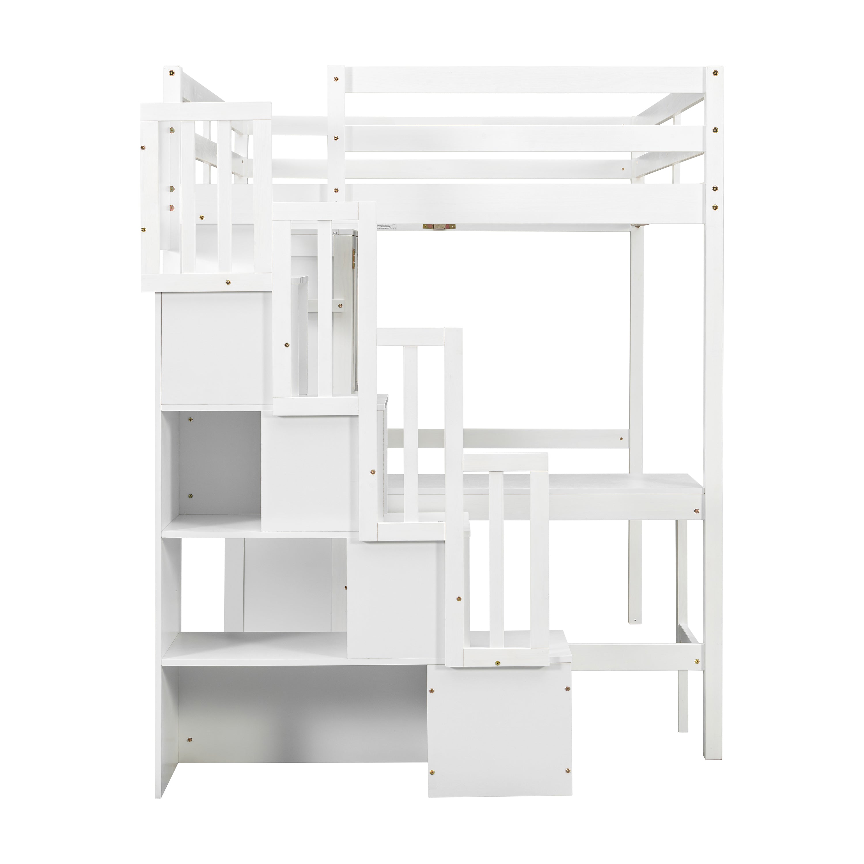Sorrel white loft bed showing the front view with desk shelving wardrobe and stairs
