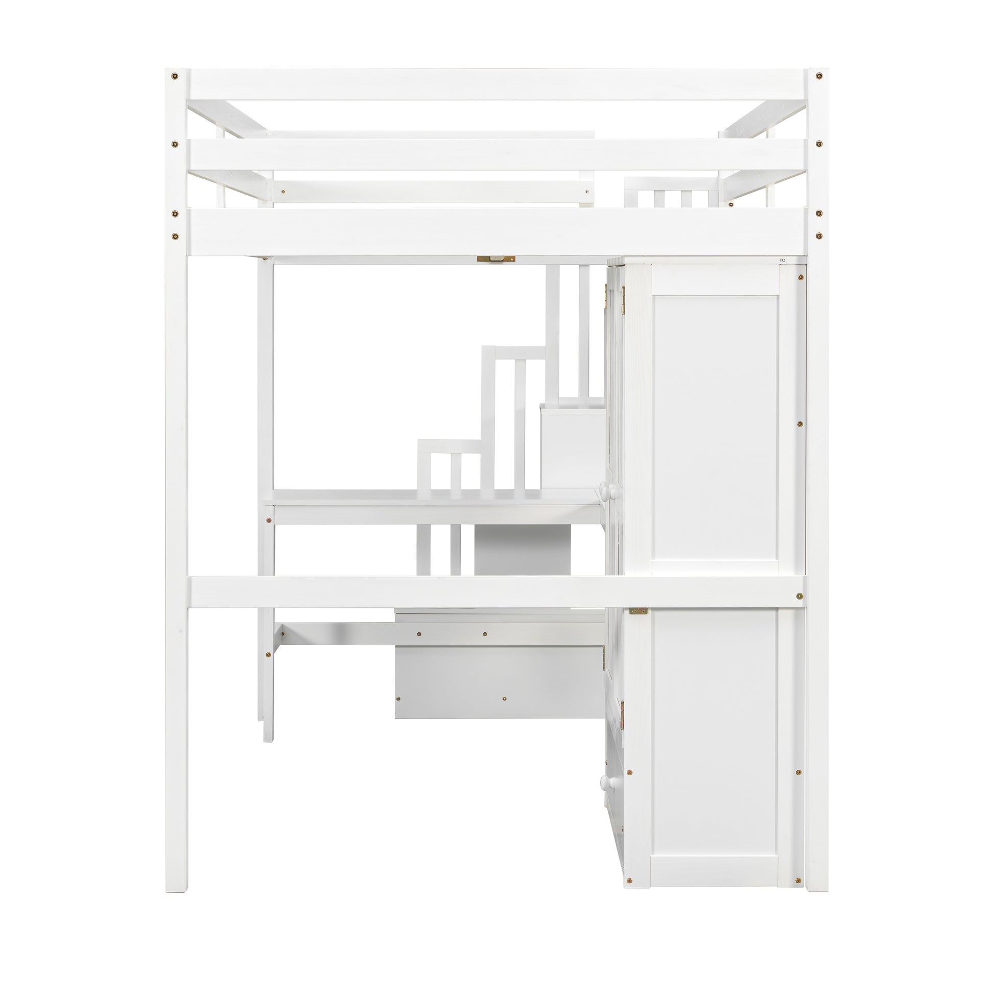Sorrel white loft bed showing a left-side view with desk wardrobe and staircase storage