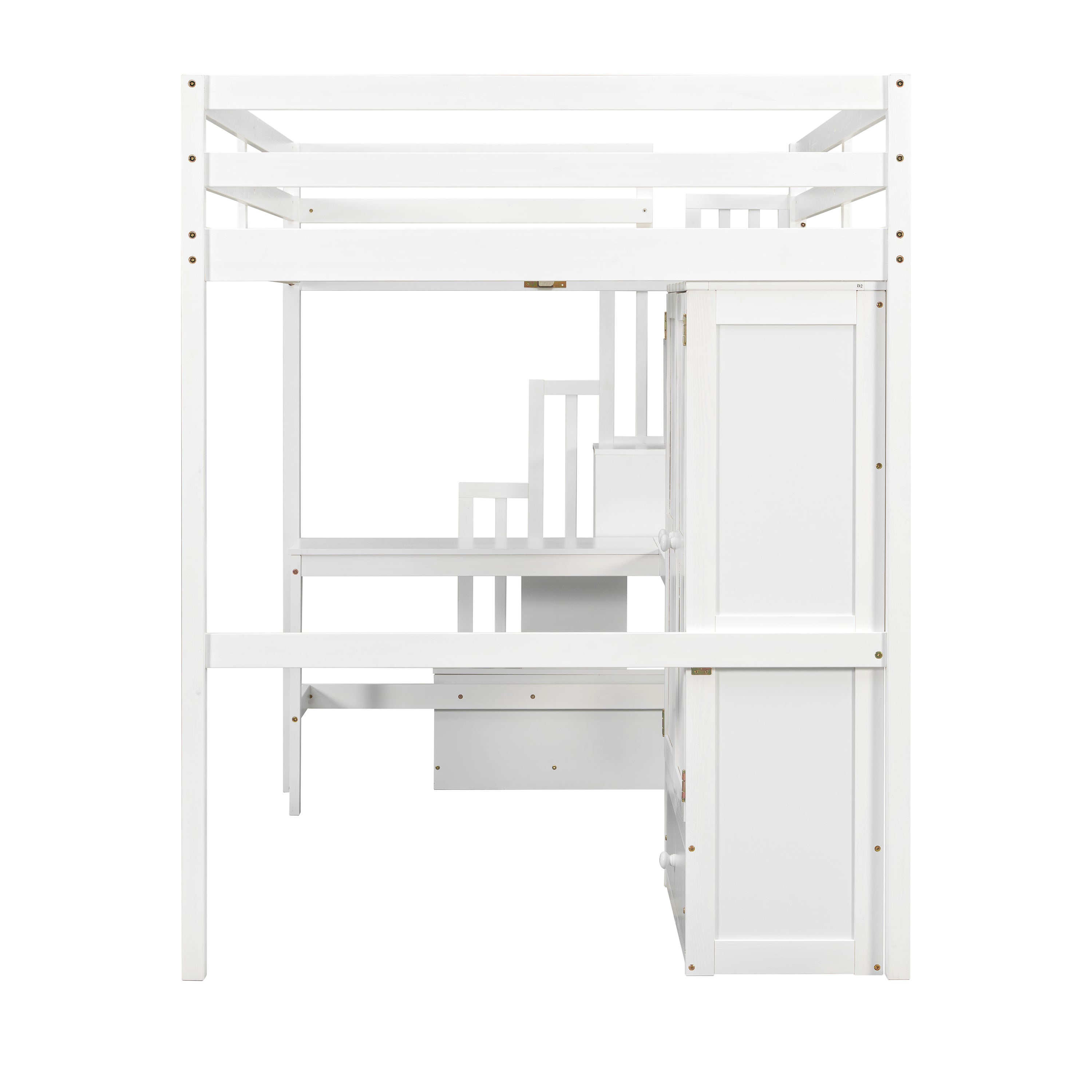 Sorrel white loft bed showing a left-side view with desk wardrobe and staircase storage