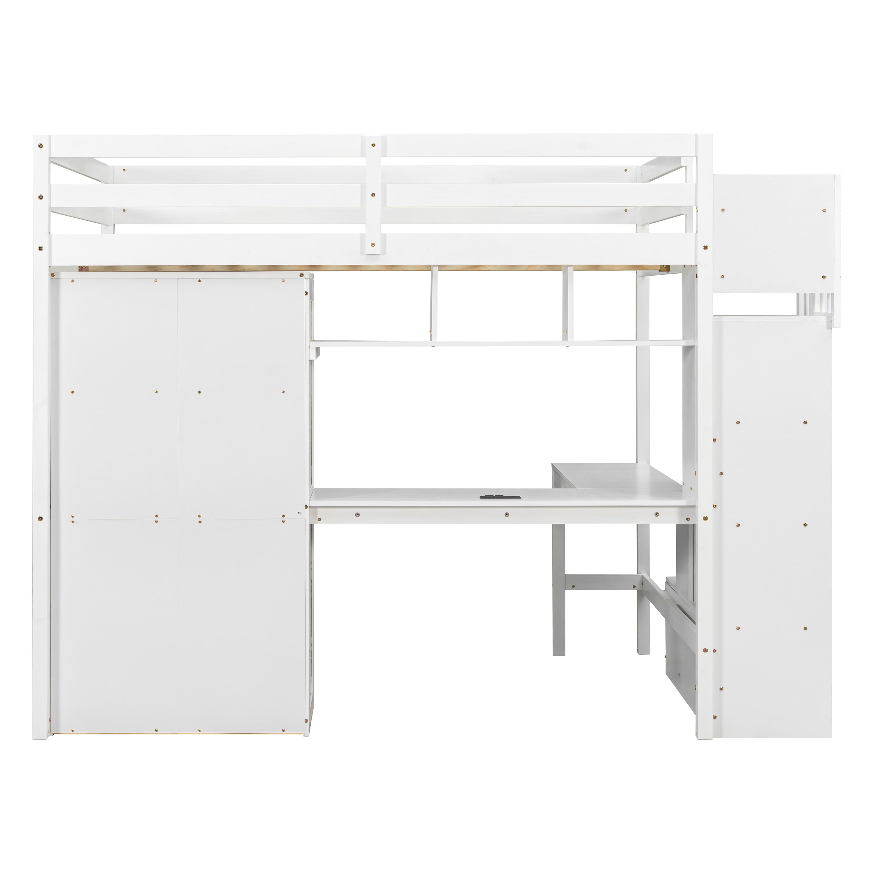Sorrel white loft bed showing a right-side view with underbed desk and wardrobe storage