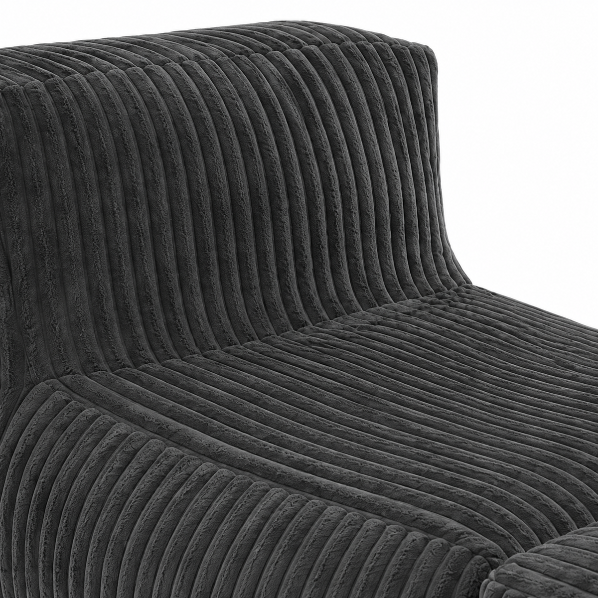 Stonebrook dark grey floor lounger chair showing corduroy backrest detail