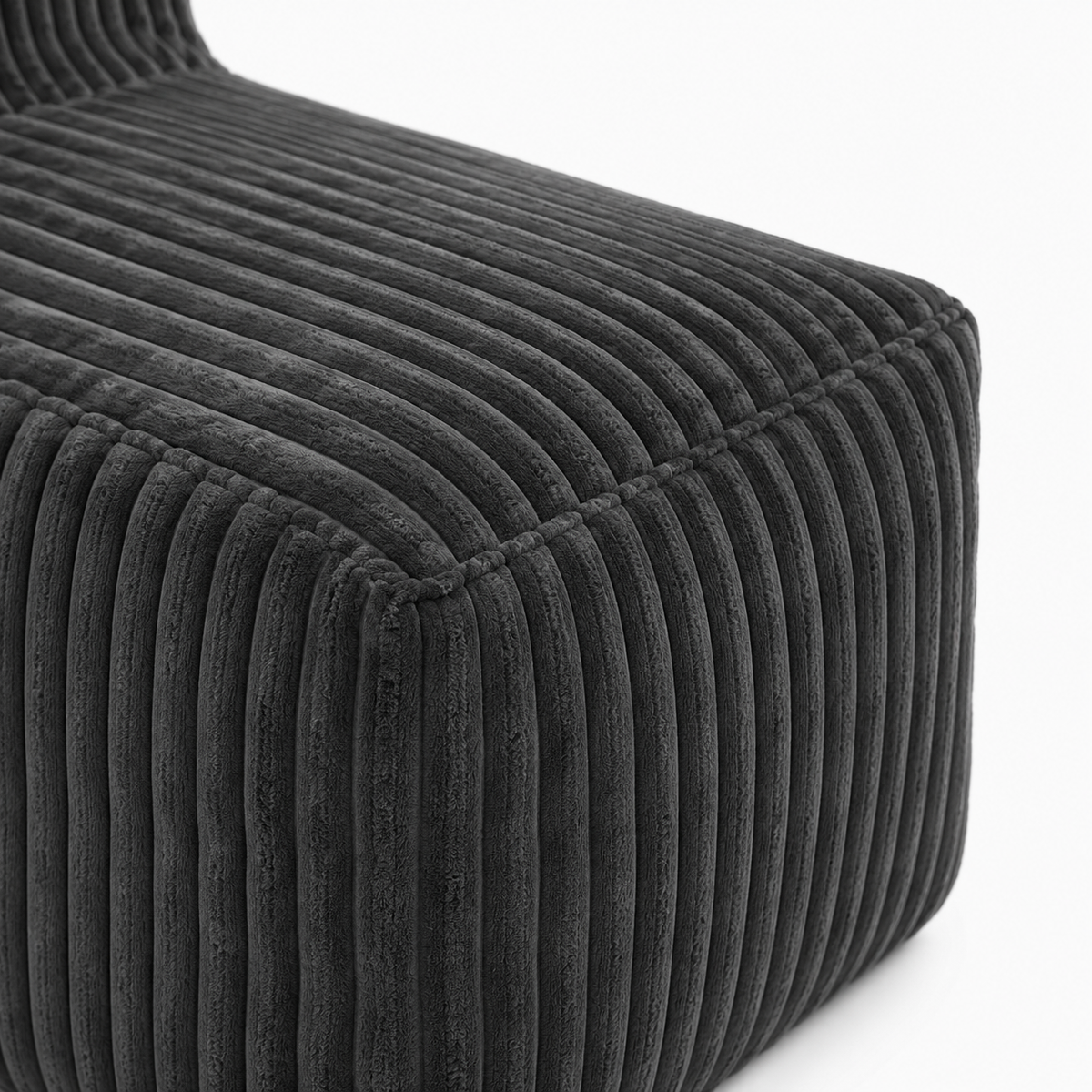 Stonebrook dark grey floor lounger chair showing ottoman corner corduroy detail