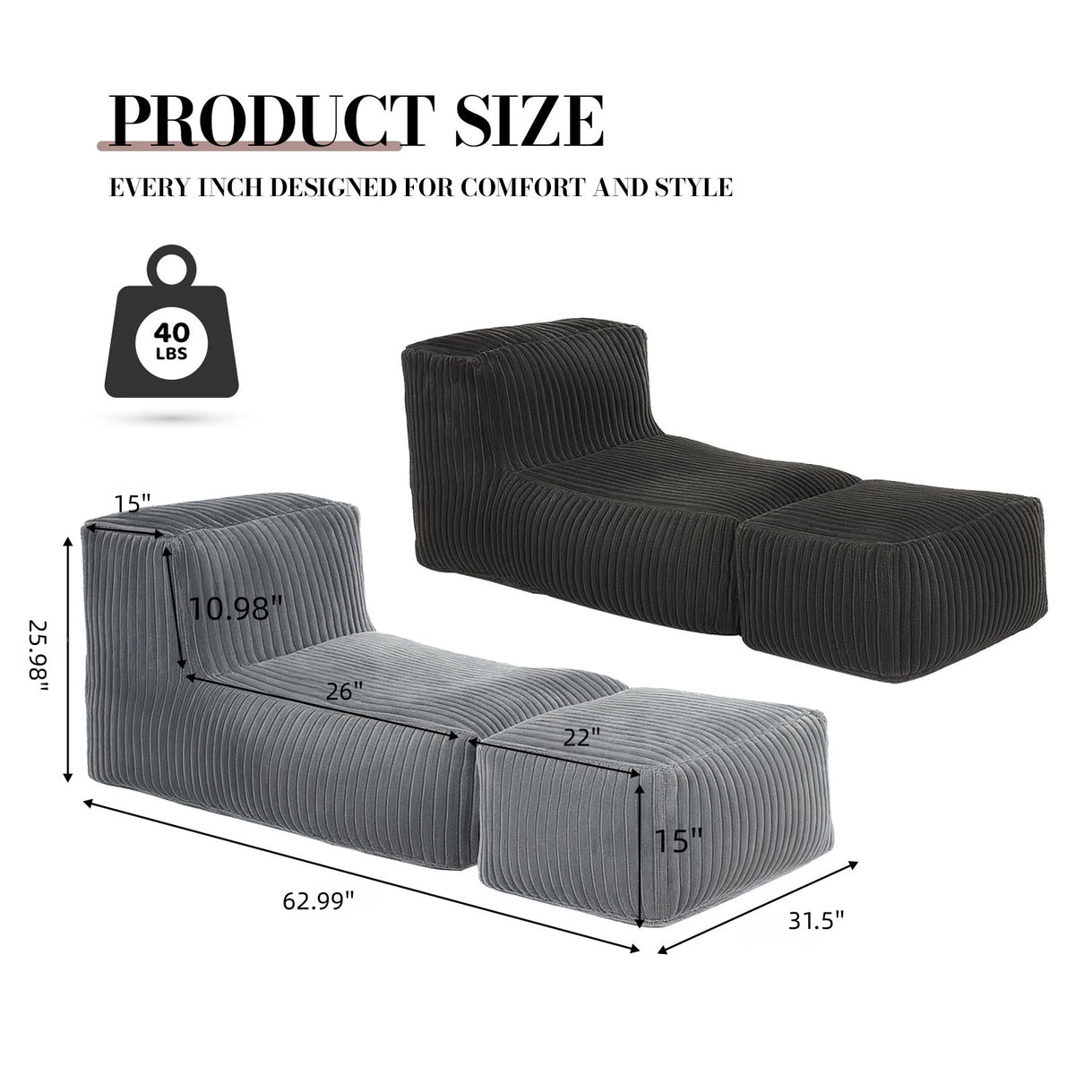 Stonebrook dark grey floor lounger chair showing dimensions