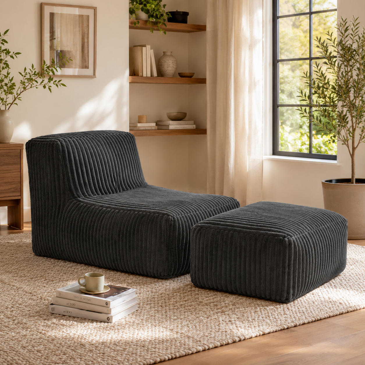 Stonebrook dark grey floor lounger chair showing angled front view in a living room