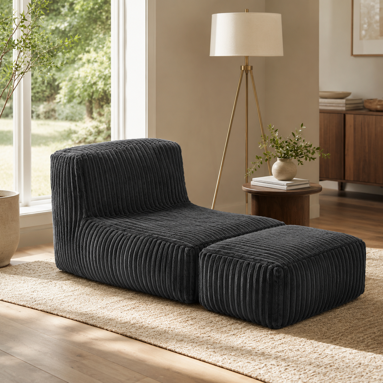 Stonebrook dark grey floor lounger chair showing front view in a living room