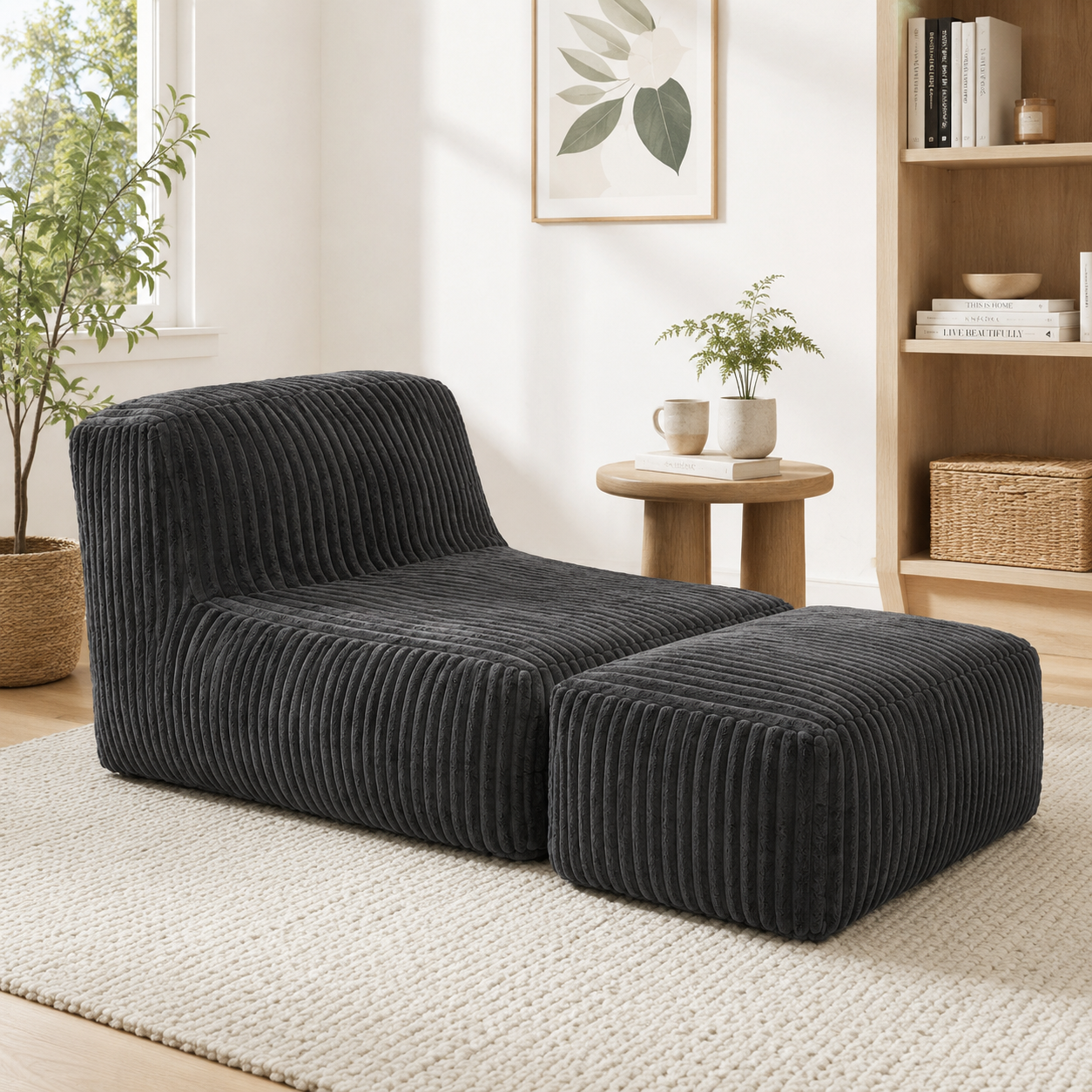 Stonebrook dark grey floor lounger chair showing three quarter view in a living room