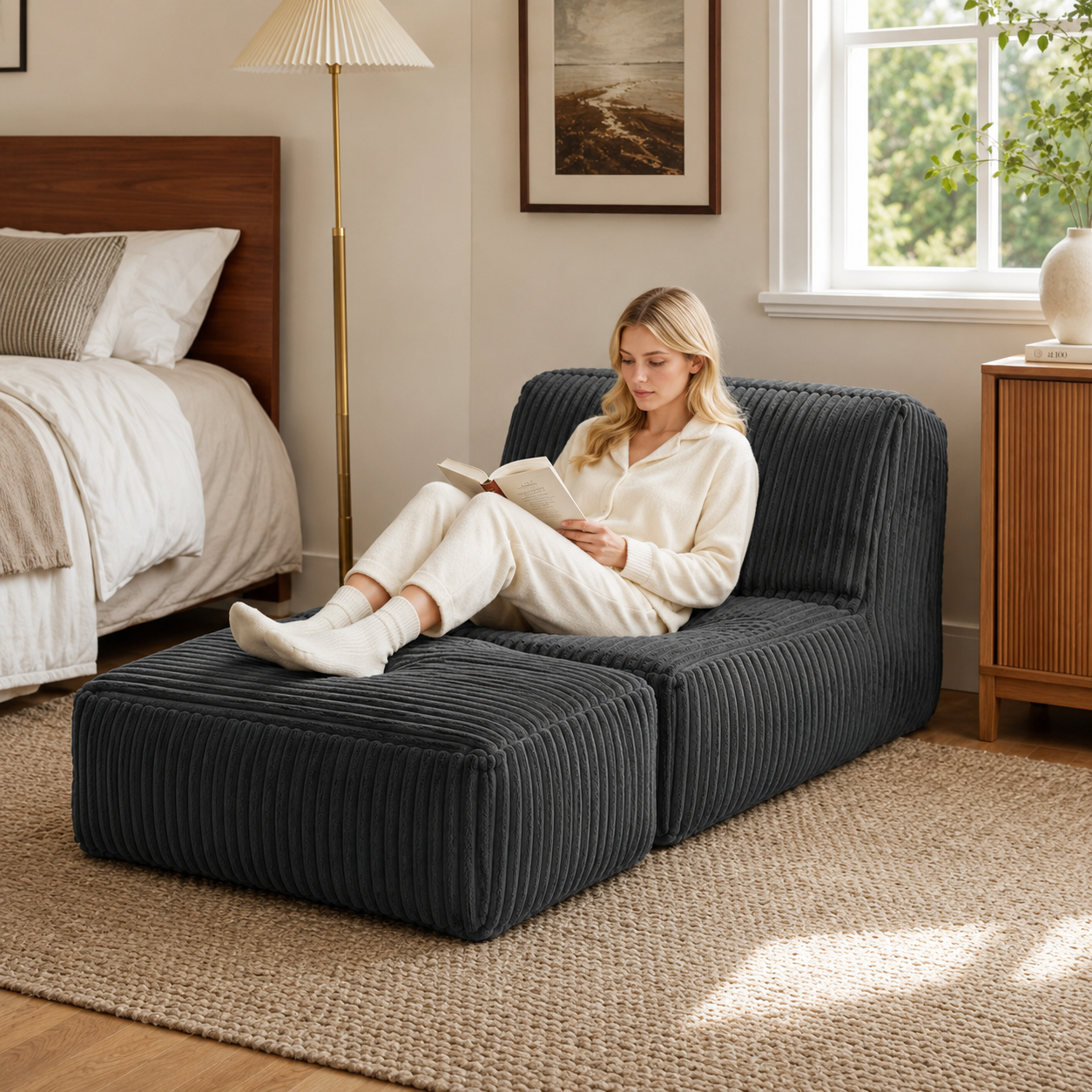 Stonebrook dark grey floor lounger chair showing seated use with ottoman in a living room