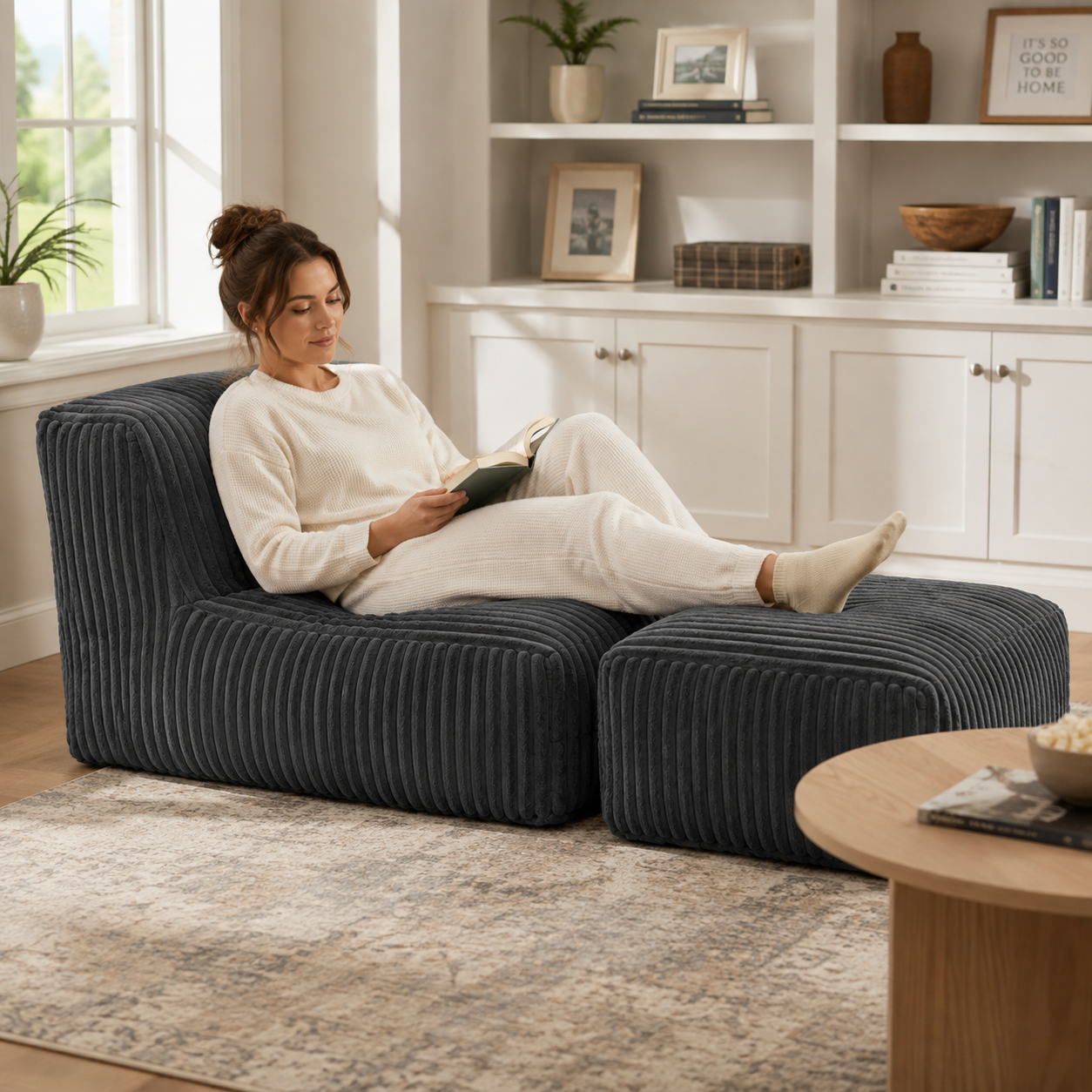 Stonebrook dark grey floor lounger chair showing seated use with ottoman in a living room