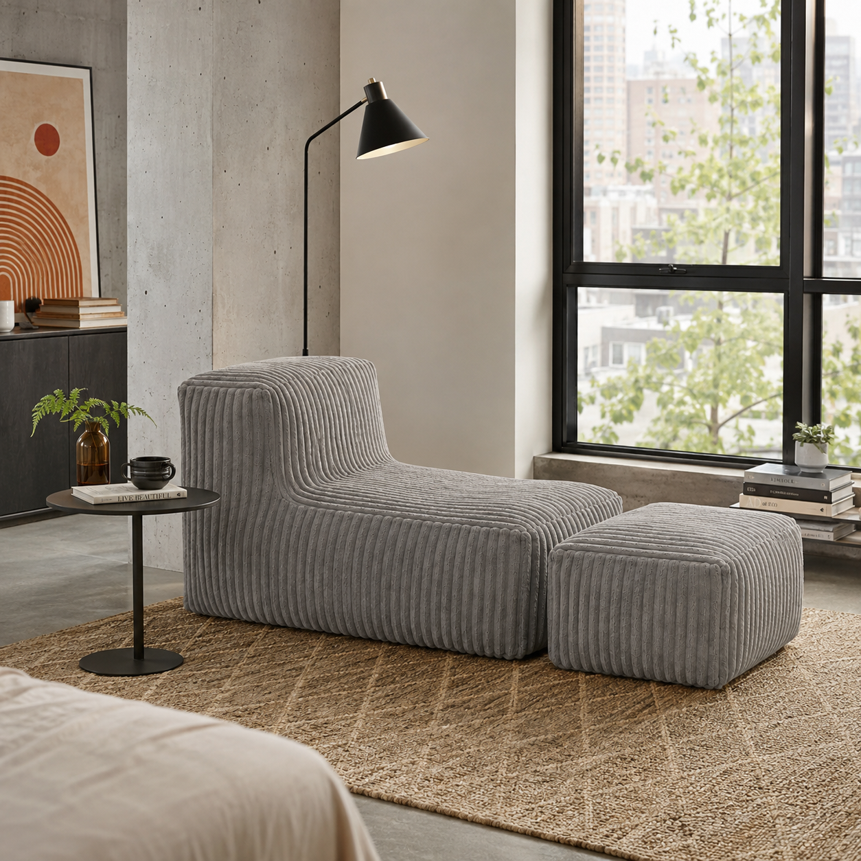 Stonebrook light grey floor lounger chair showing angled front view in a living room