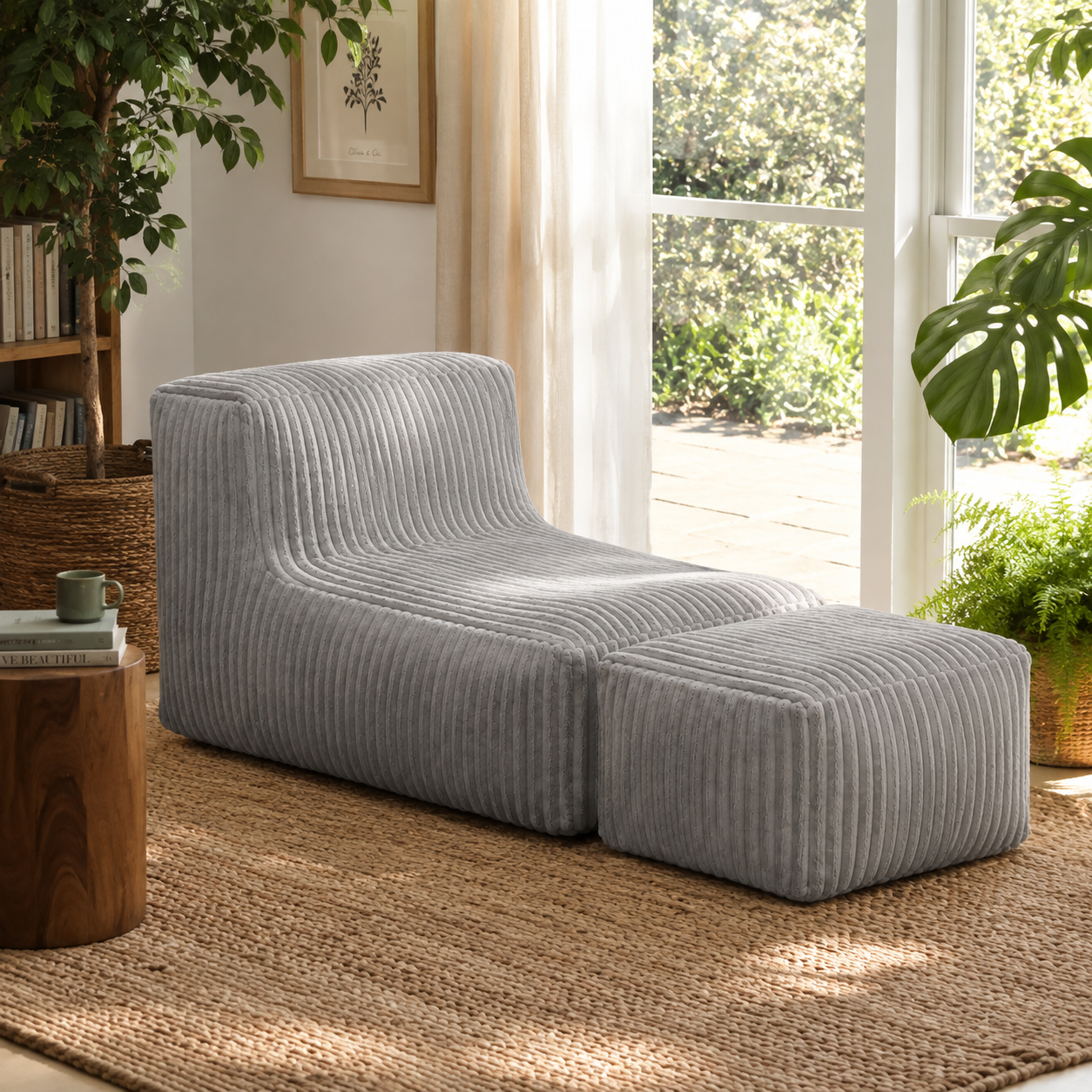 Stonebrook light grey floor lounger chair showing chaise configuration in a living room