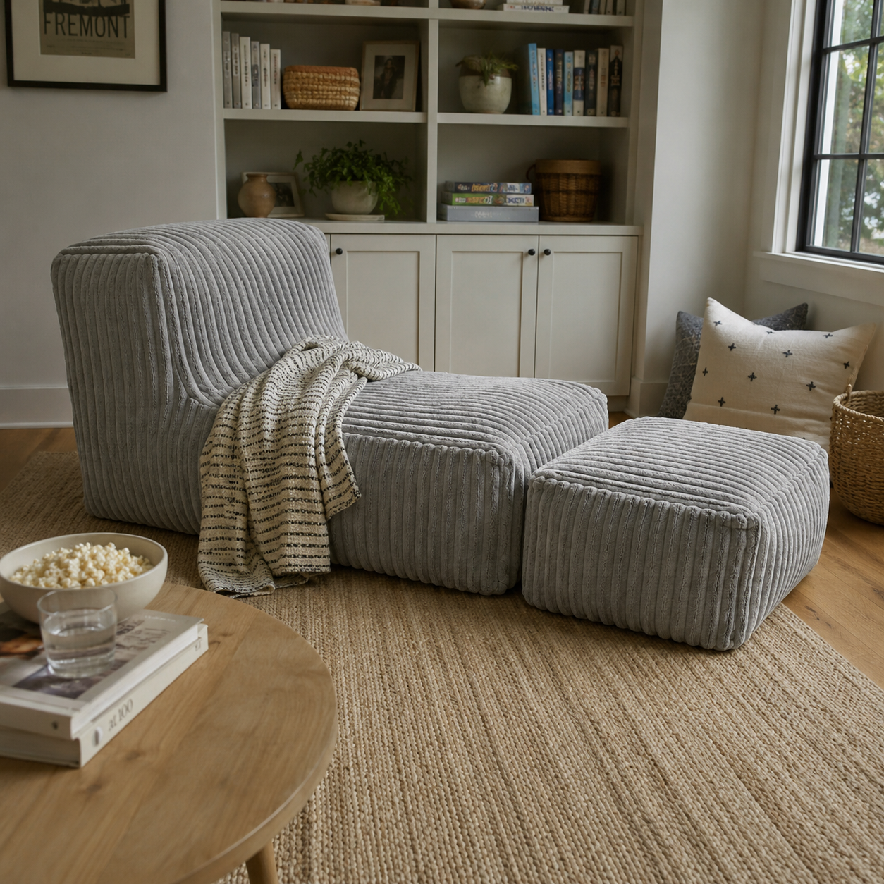 Stonebrook light grey floor lounger chair showing seated position in a living room
