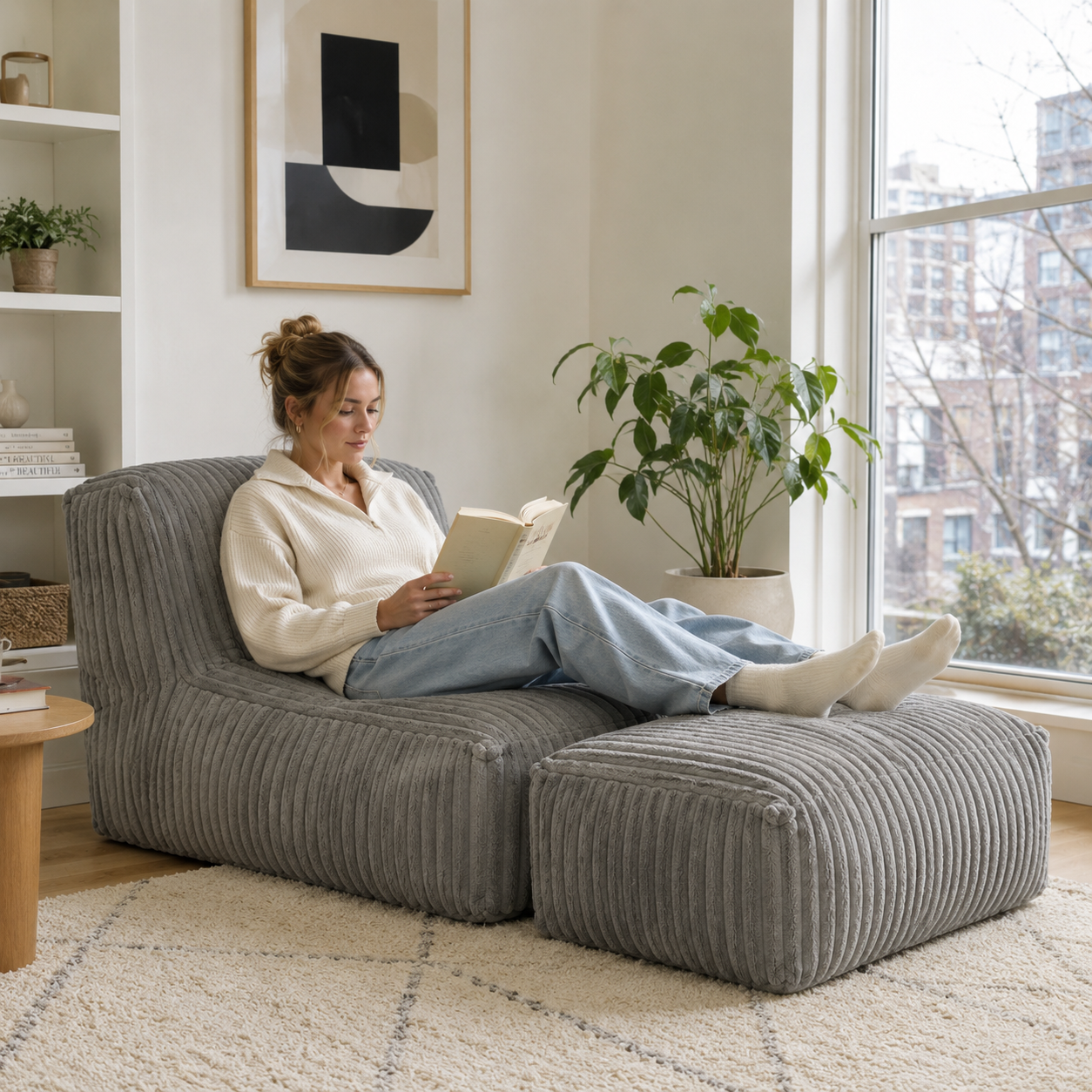 Stonebrook light grey floor lounger chair showing lounging position with ottoman