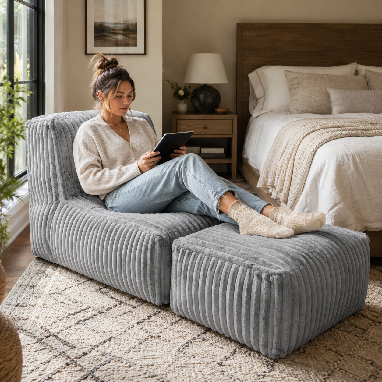 Stonebrook light grey floor lounger chair showing relaxing position with ottoman