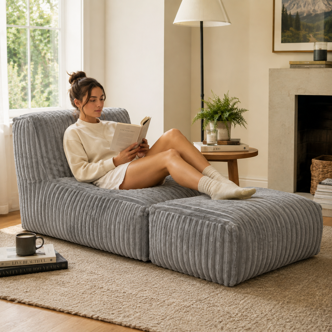 Stonebrook light grey floor lounger chair showing relaxing position with ottoman