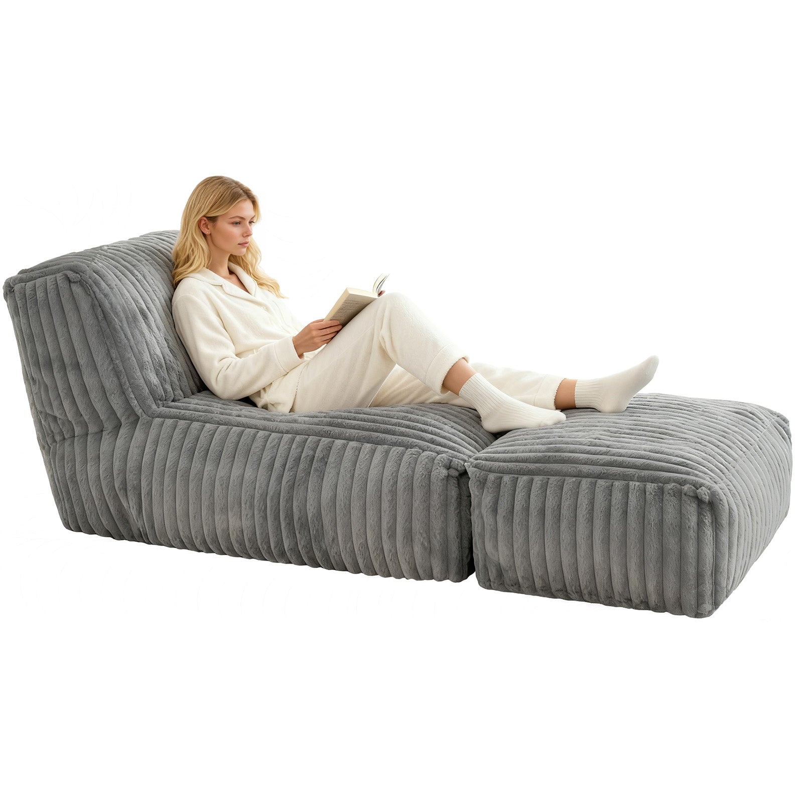 Stonebrook light grey floor lounger chair showing seated demonstration isolated on white background