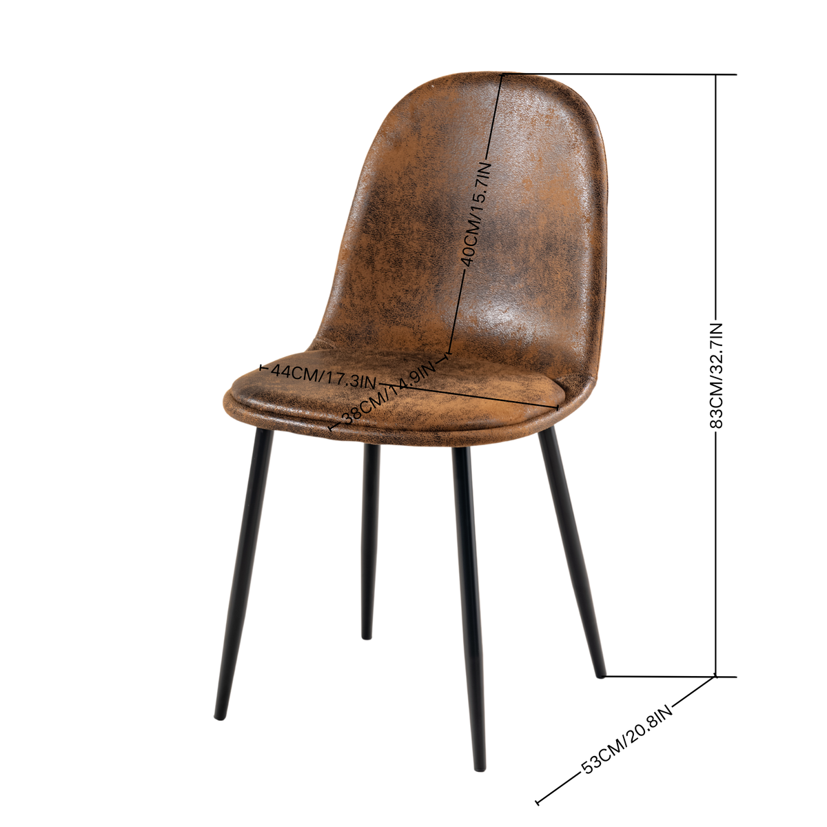 Sunflower suede brown dining chair showing product dimensions