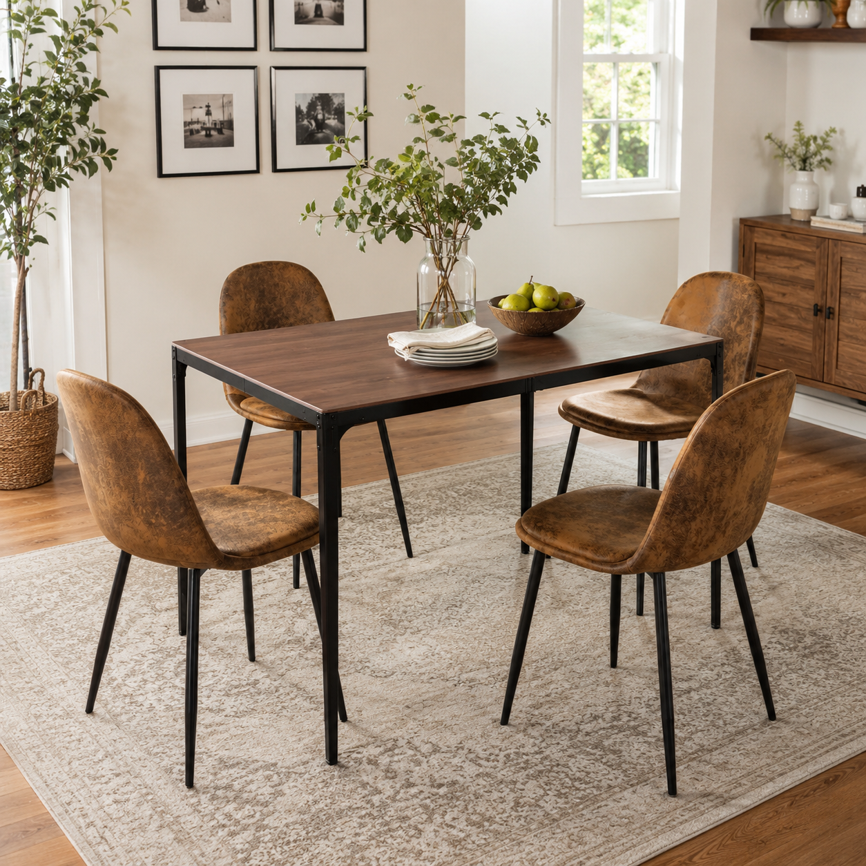 Sunflower suede brown dining chairs set of 4 in a bright dining room, angled view