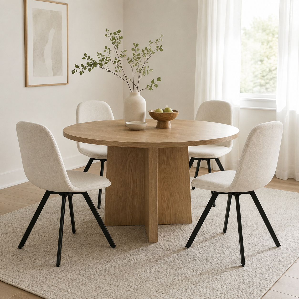 Sunflower beige swivel upholstered dining chairs with spider leg base set of 4 around a round dining table