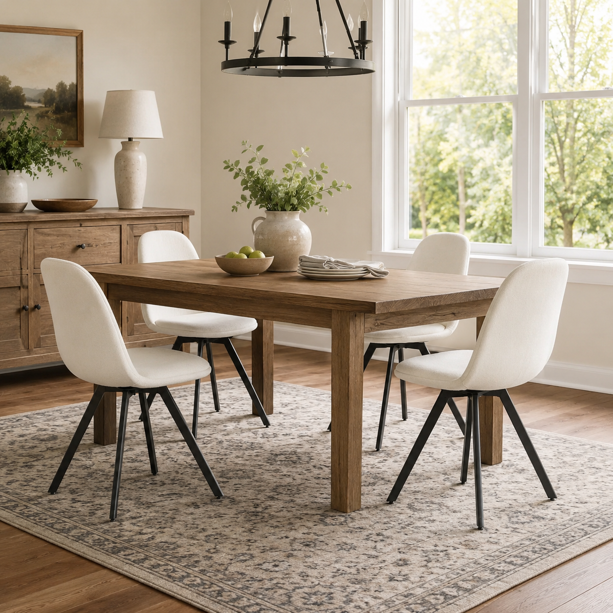Sunflower beige swivel upholstered dining chairs with spider leg base set of 4 in a bright dining room