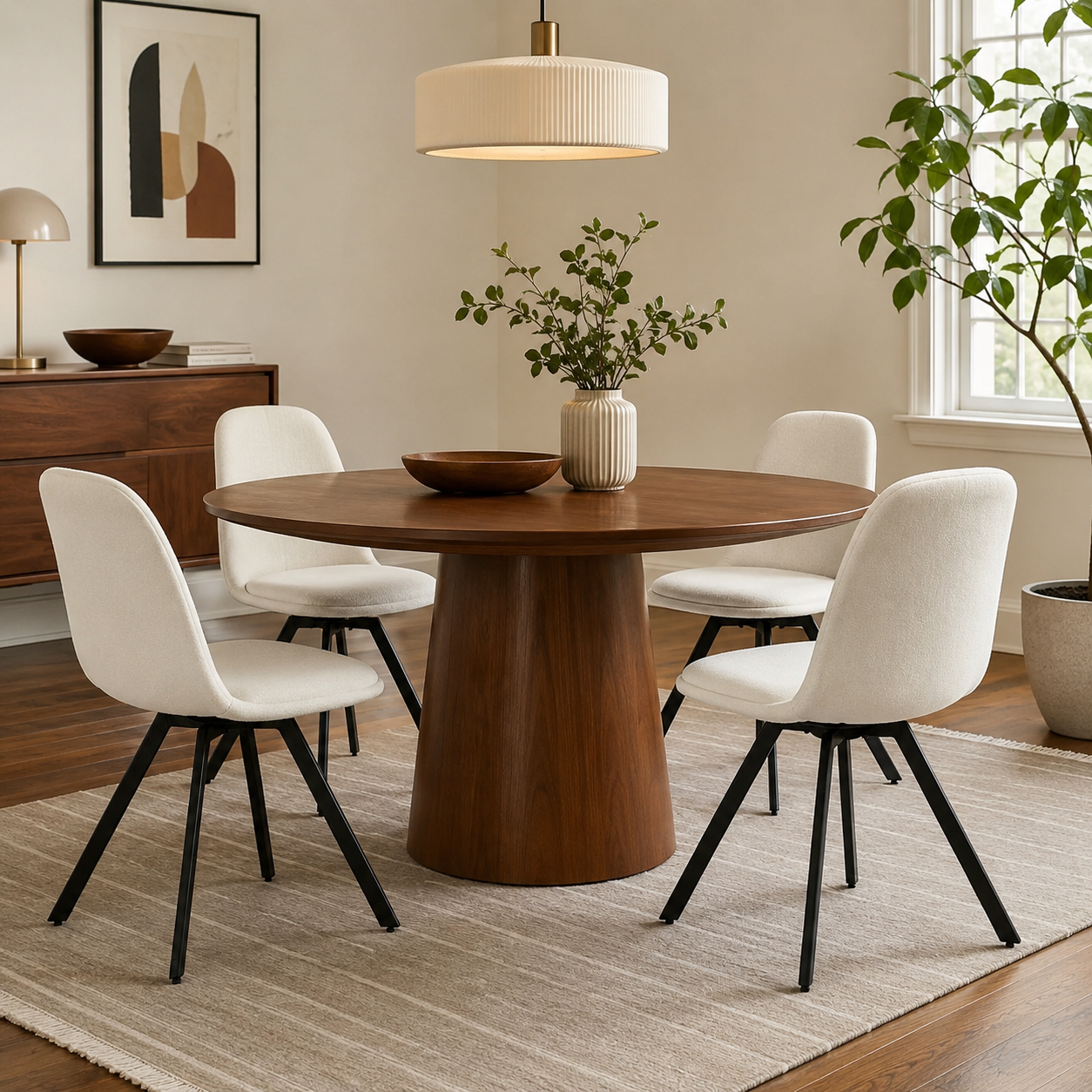Sunflower beige swivel upholstered dining chairs with spider leg base set of 4 shown from another dining room angle