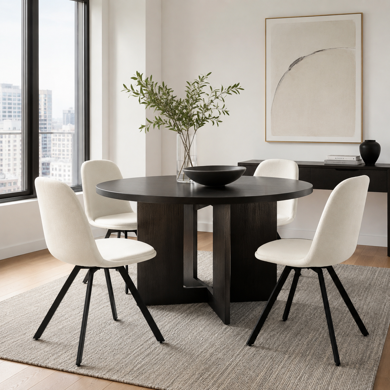 Sunflower beige swivel upholstered dining chairs with spider leg base set of 4 beside a wood dining table