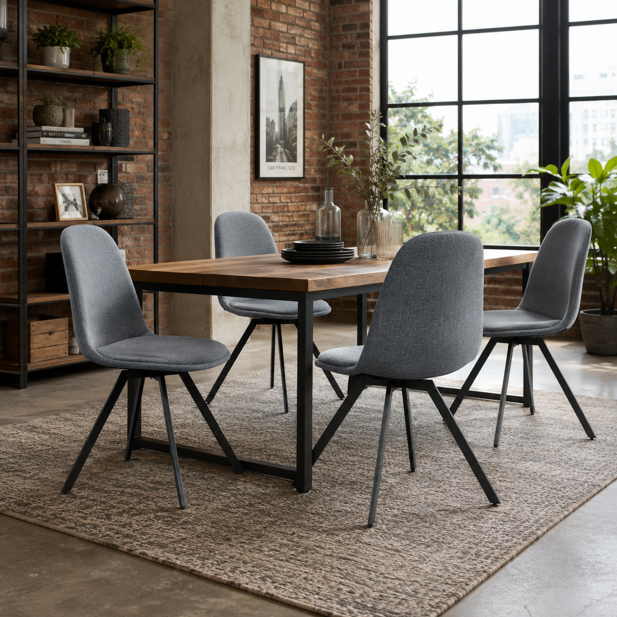 Sunflower grey swivel upholstered dining chairs with spider leg base set of 4 around a round dining table