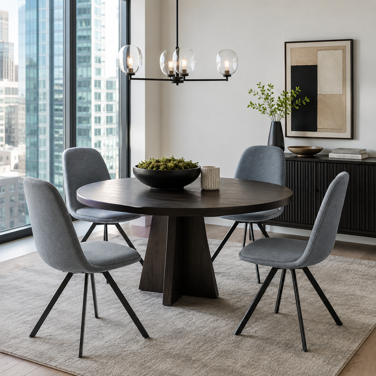 Sunflower grey swivel upholstered dining chairs with spider leg base set of 4 in a modern dining room