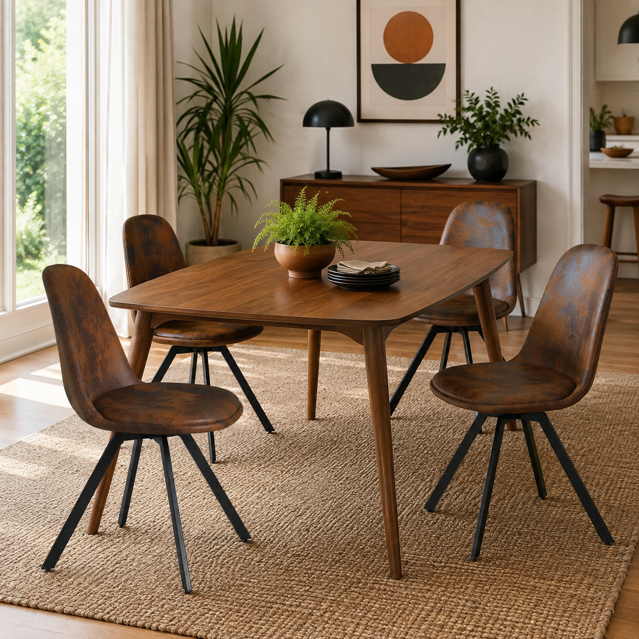 Sunflower suede brown swivel upholstered dining chairs with spider leg base set of 4 in a dining room