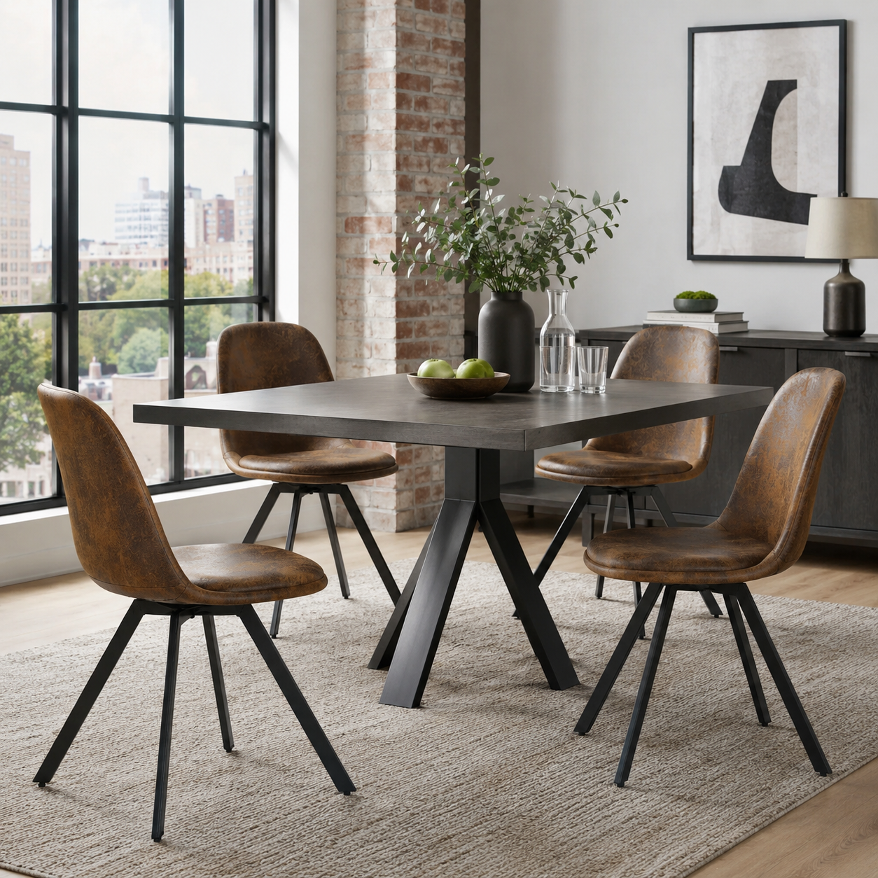 Sunflower suede brown swivel upholstered dining chairs with spider leg base set of 4 around a dining table