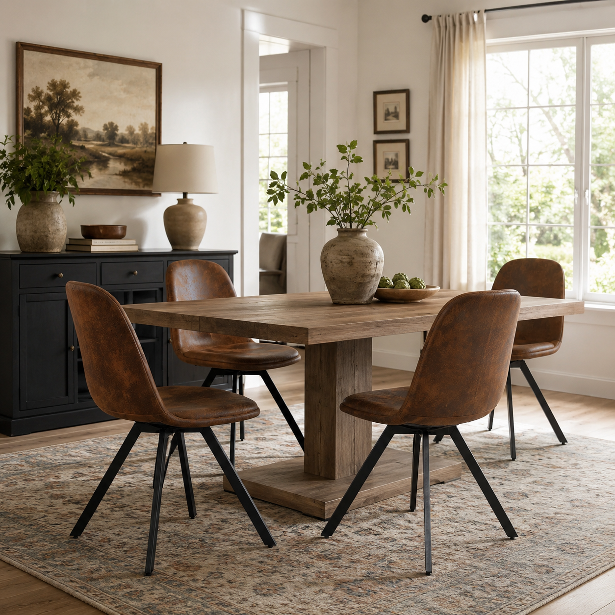 Sunflower suede brown swivel upholstered dining chairs with spider leg base set of 4 shown from another room angle