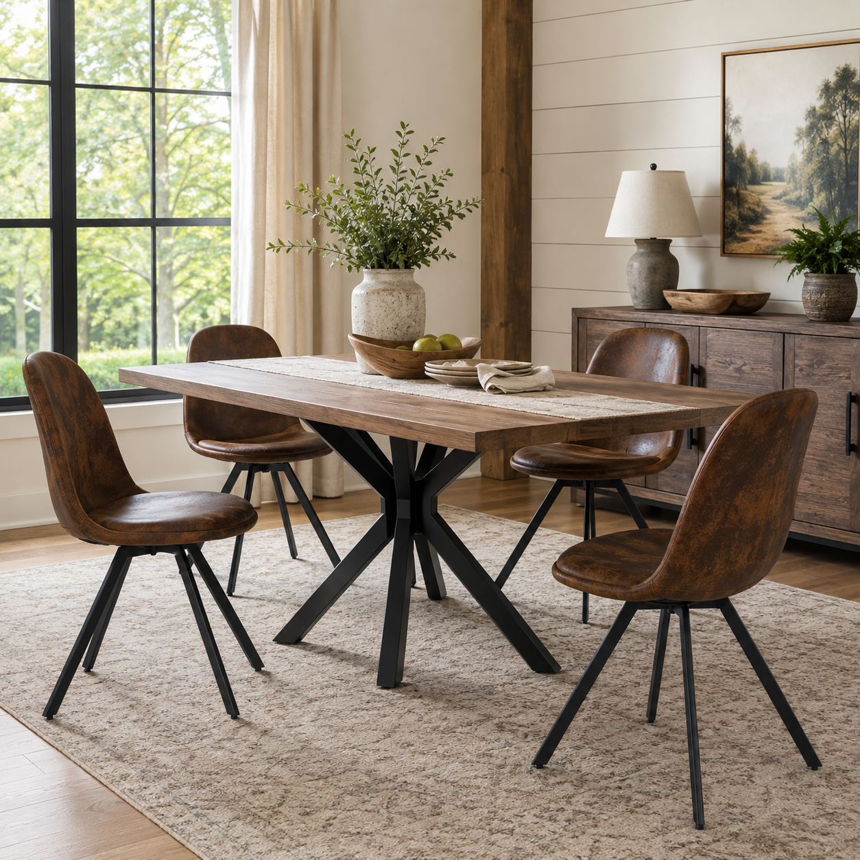 Sunflower suede brown swivel upholstered dining chairs with spider leg base set of 4 beside a round dining table