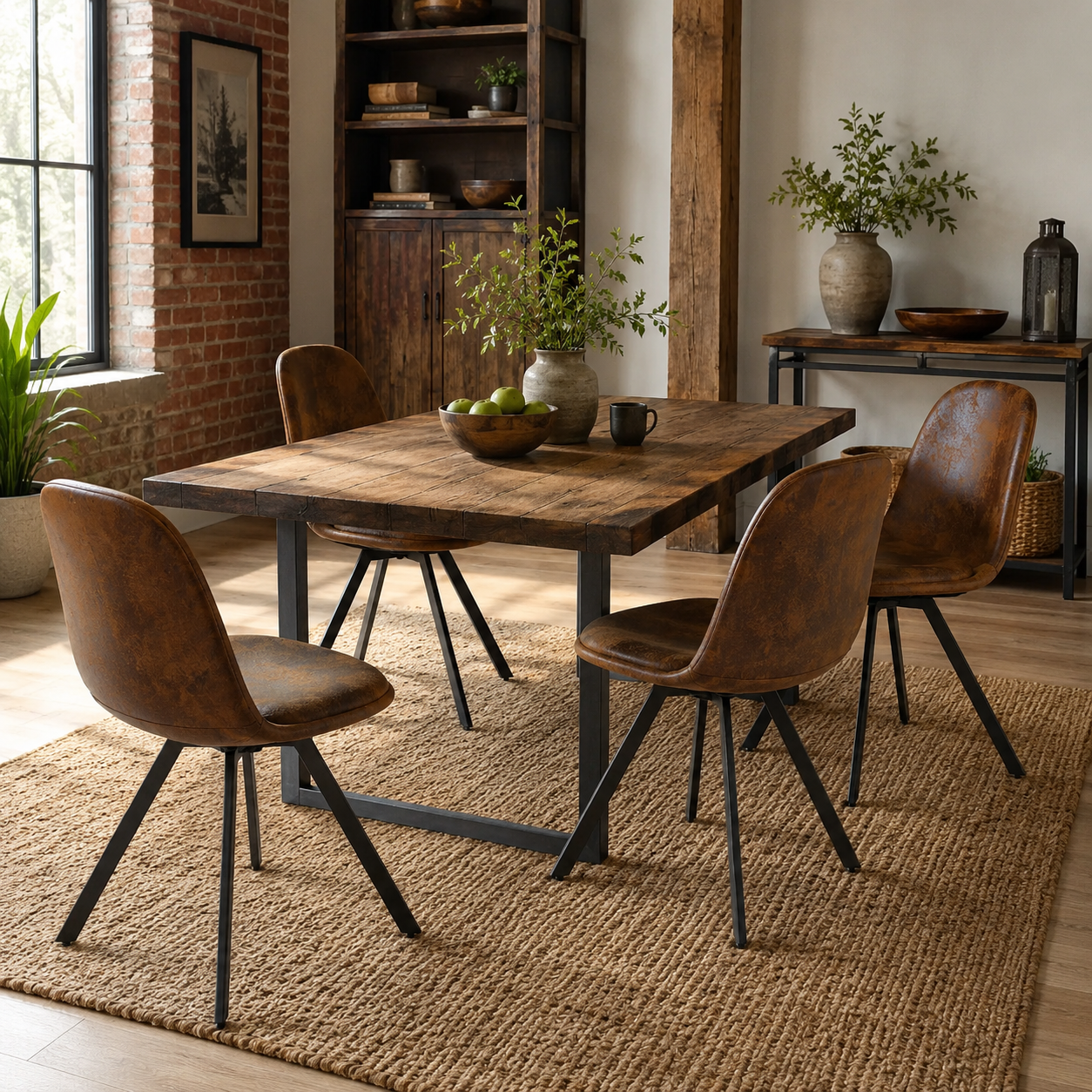 Sunflower suede brown swivel upholstered dining chairs with spider leg base set of 4 beside a round dining table