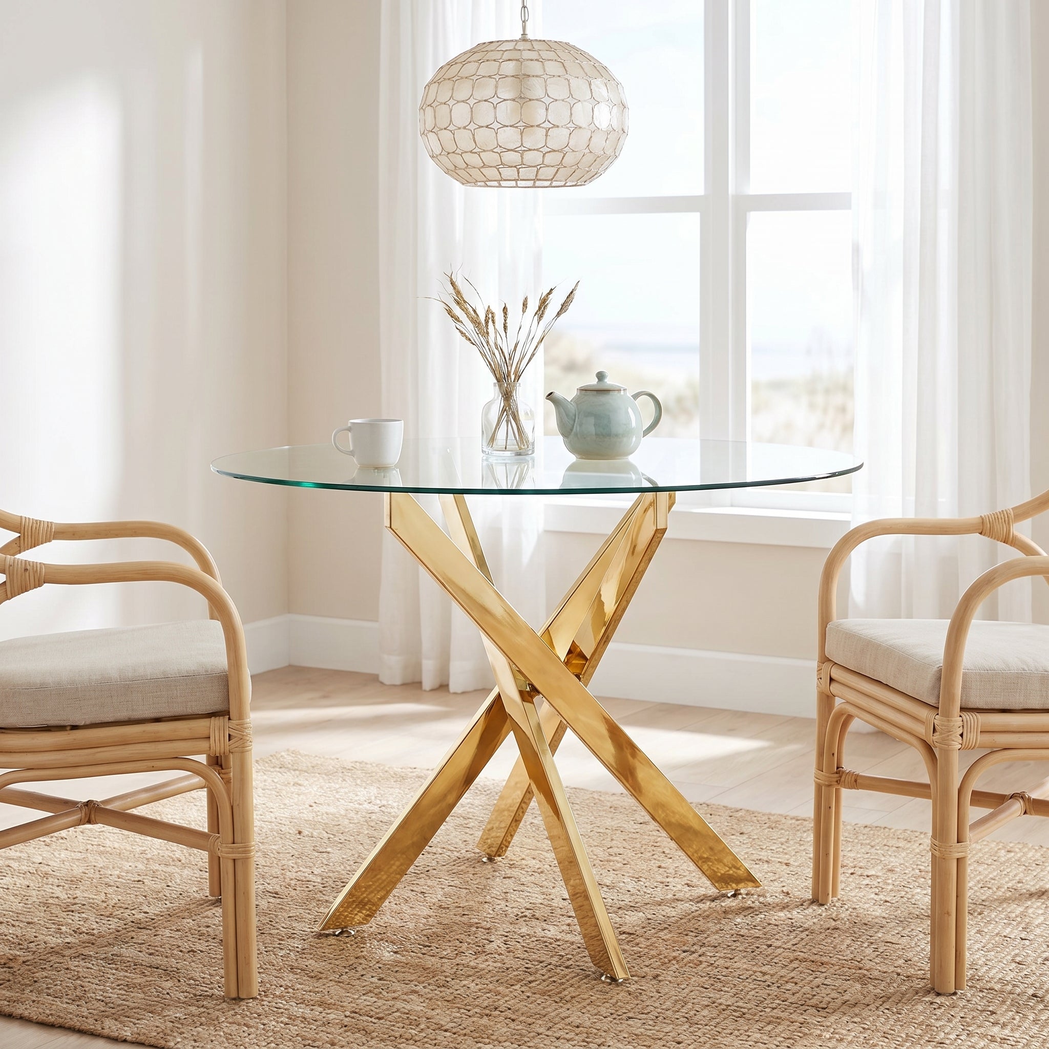Tahiti gold dining table showing a round glass table in a bright dining space