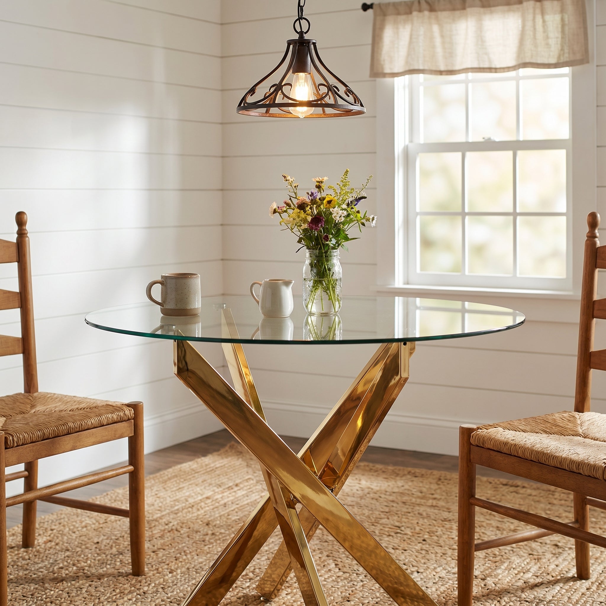 Tahiti gold dining table showing a cozy dining room setup with wood chairs