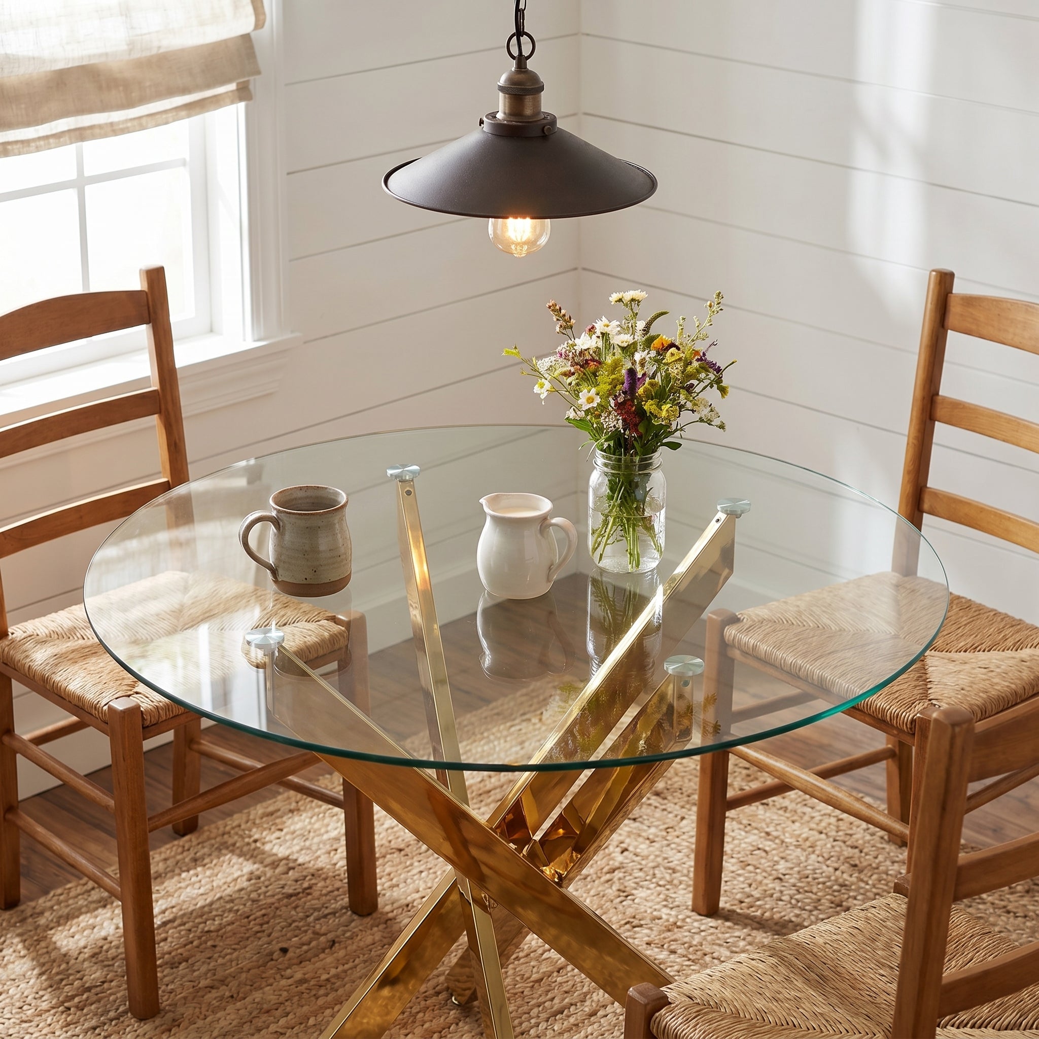 Tahiti gold dining table showing a styled dining area with pendant lighting