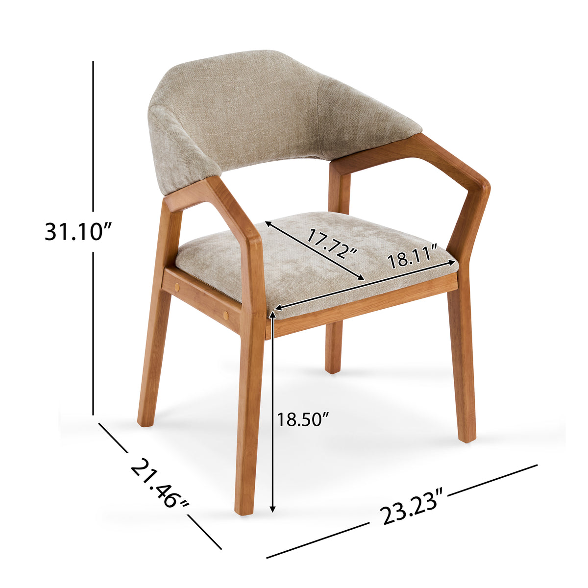 Taupo beige chenille upholstered dining chair showing product dimensions with ergonomic curved backrest