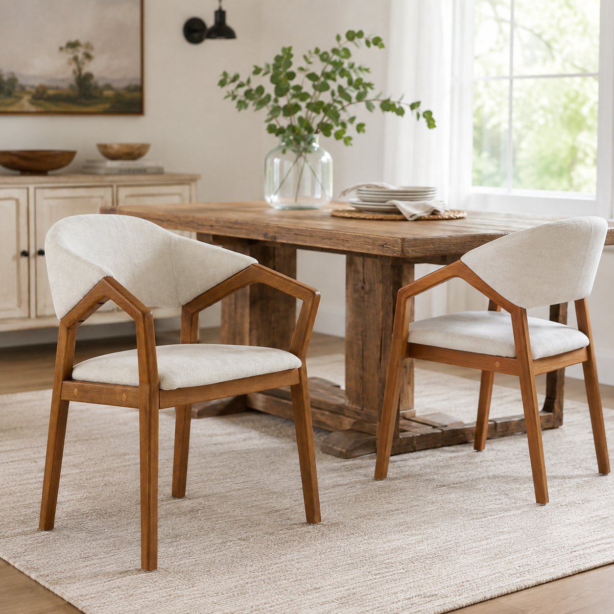 Taupo beige chenille upholstered dining chairs with ergonomic curved backrests beside a rectangular wood dining table