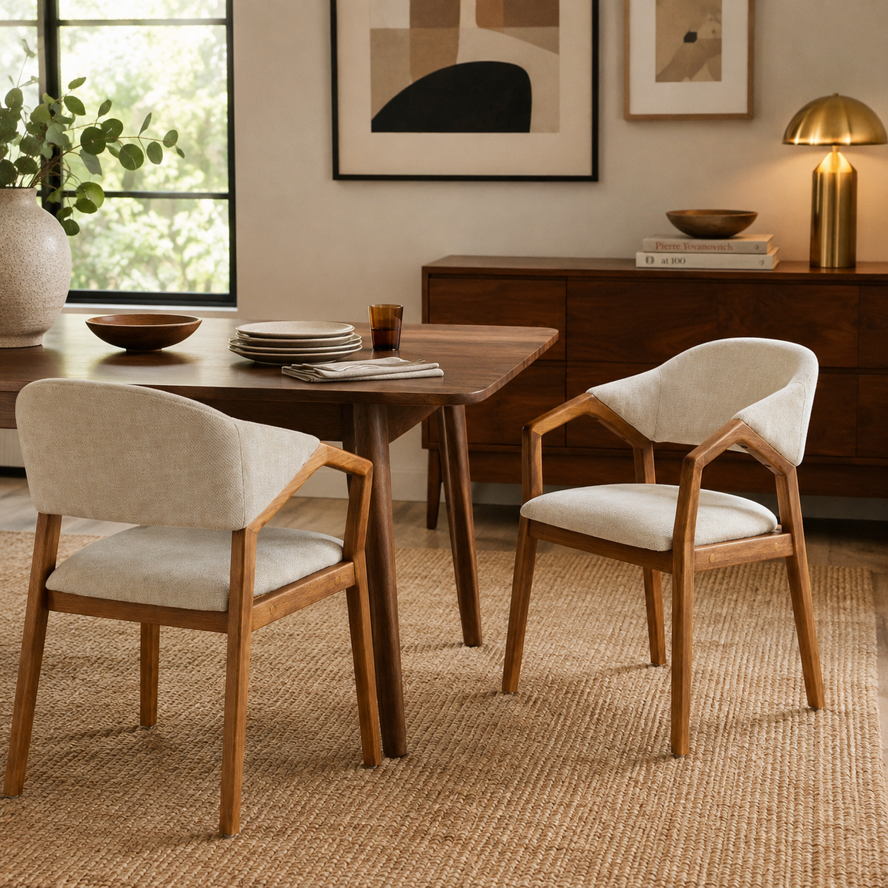 Taupo beige dining chairs around a wood dining table in a bright dining room with natural light