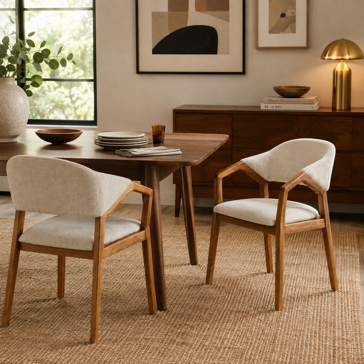 Taupo beige dining chairs around a wood dining table in a bright dining room with natural light