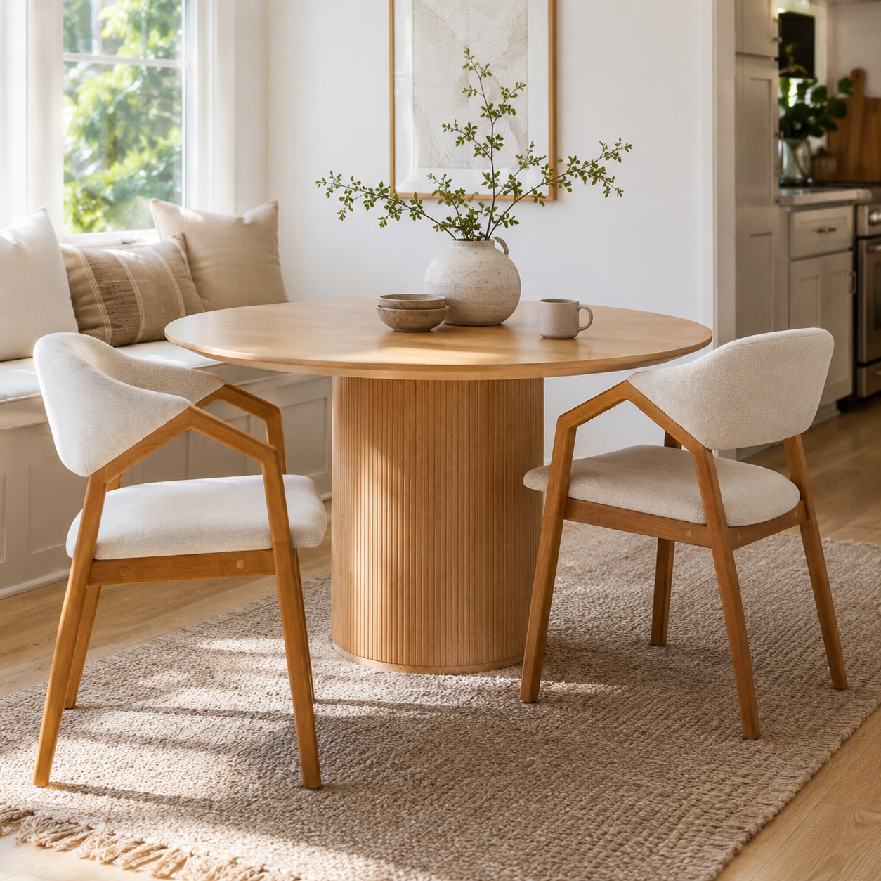 Taupo beige upholstered dining chairs in a warm dining space with a wood table and neutral decor