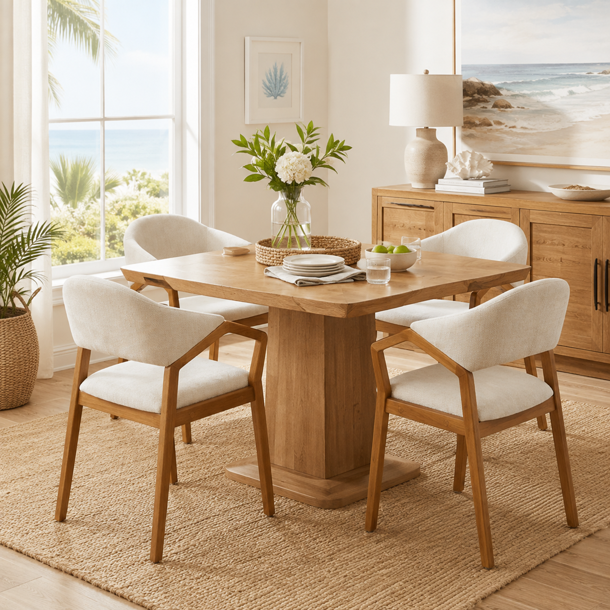 Taupo beige dining chairs around a round wood dining table in a cozy dining room
