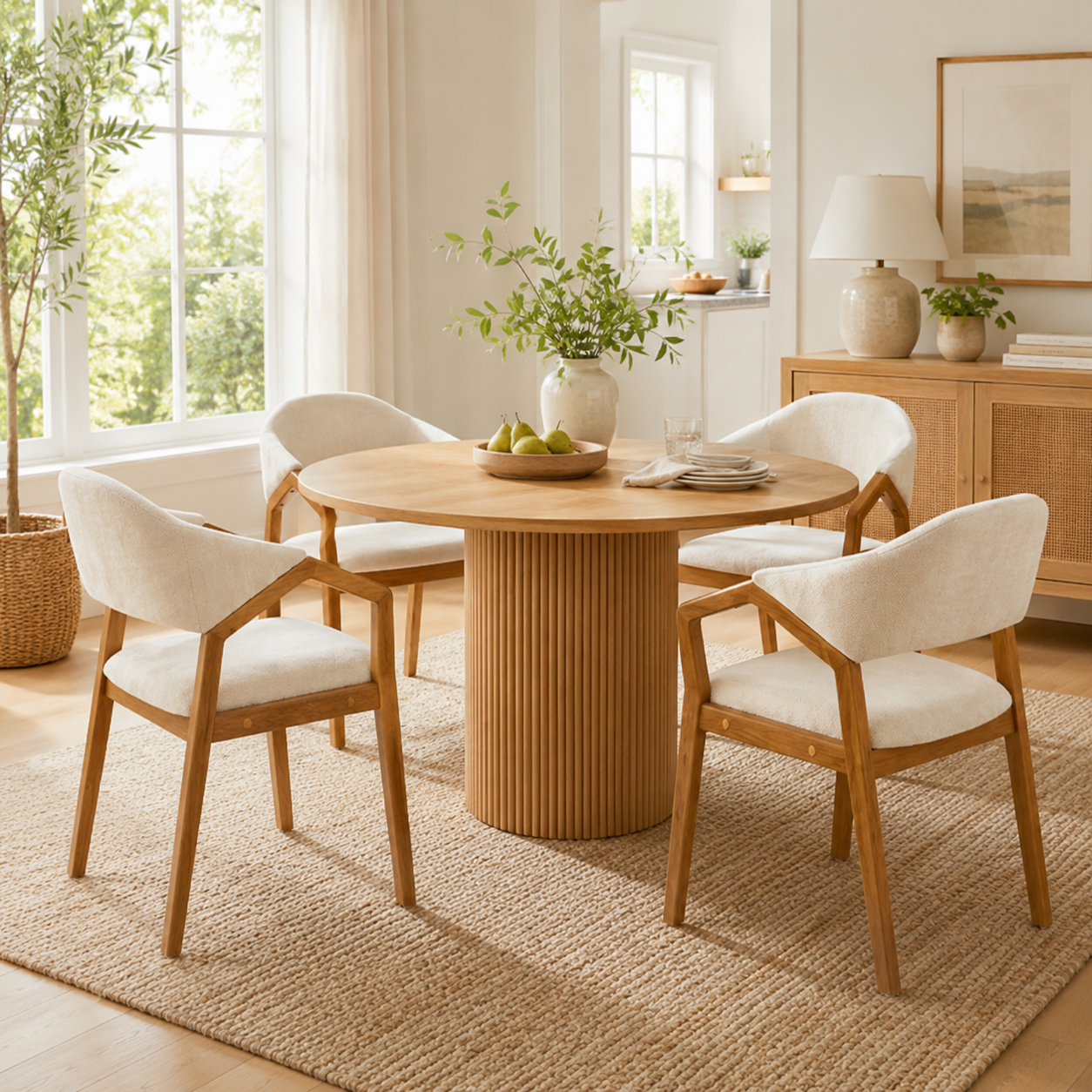 Taupo beige chenille dining chairs beside a wood dining table in a bright contemporary room