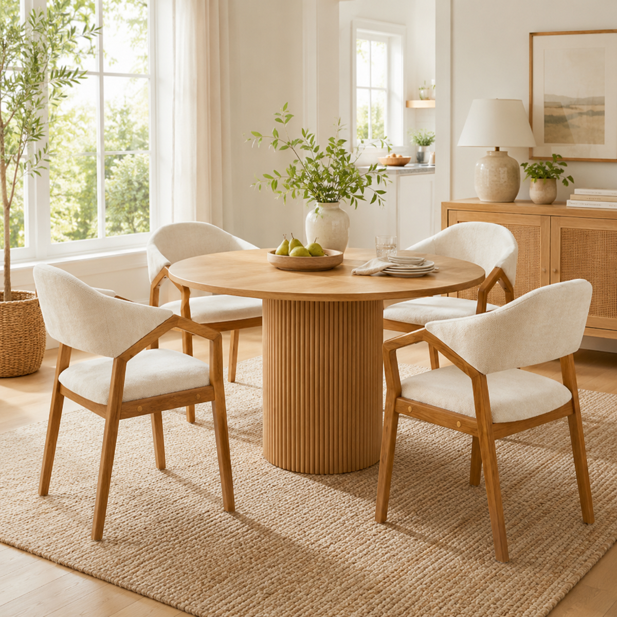 Taupo beige chenille dining chairs beside a wood dining table in a bright contemporary room