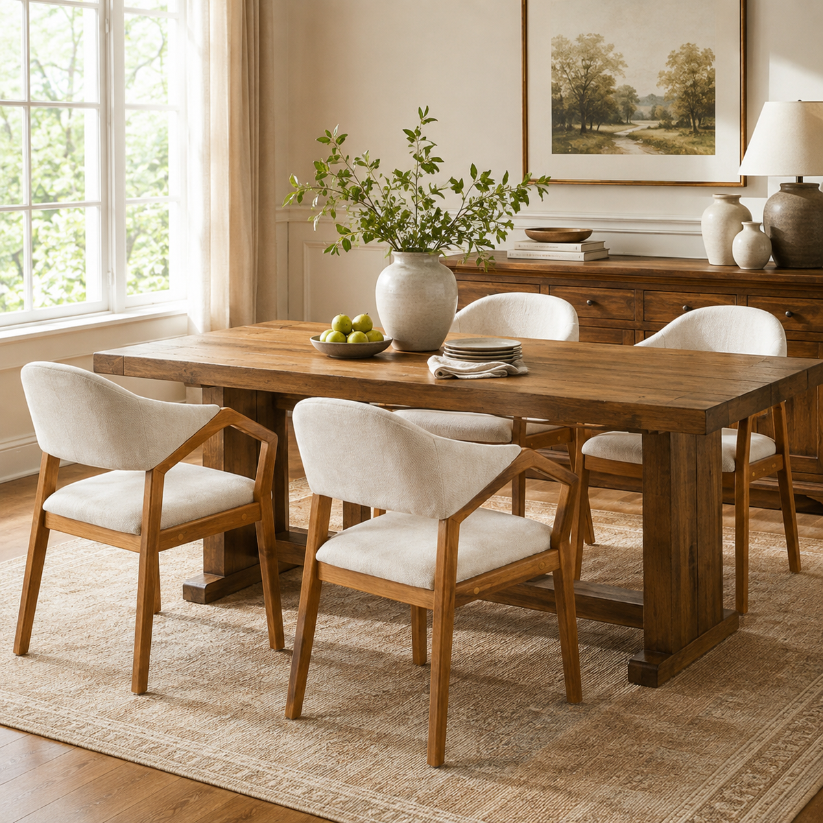 Taupo beige upholstered dining chairs around a rectangular dining table in a sunlit home setting