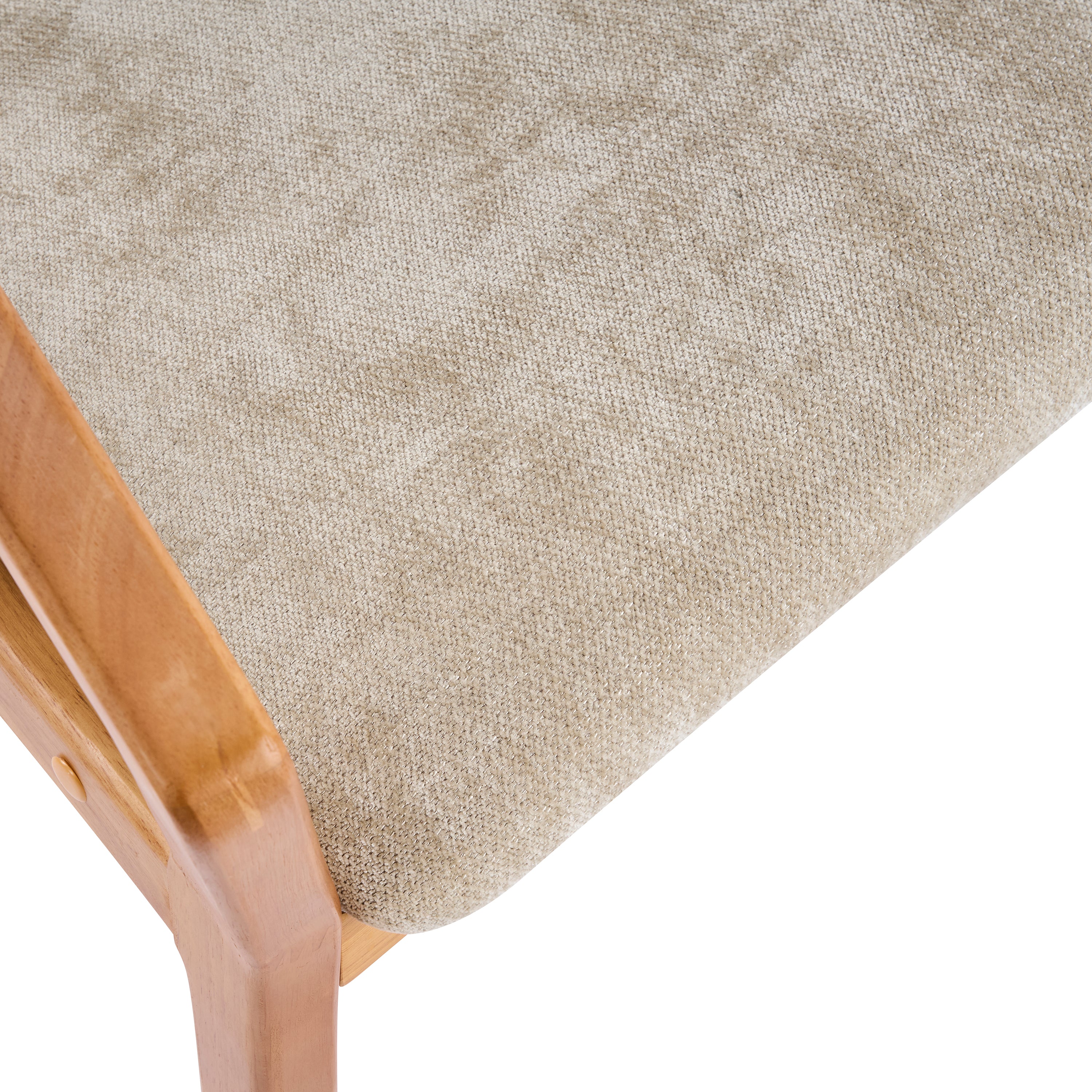 Taupo light oak dining chair close-up of the curved armrest and upholstered backrest