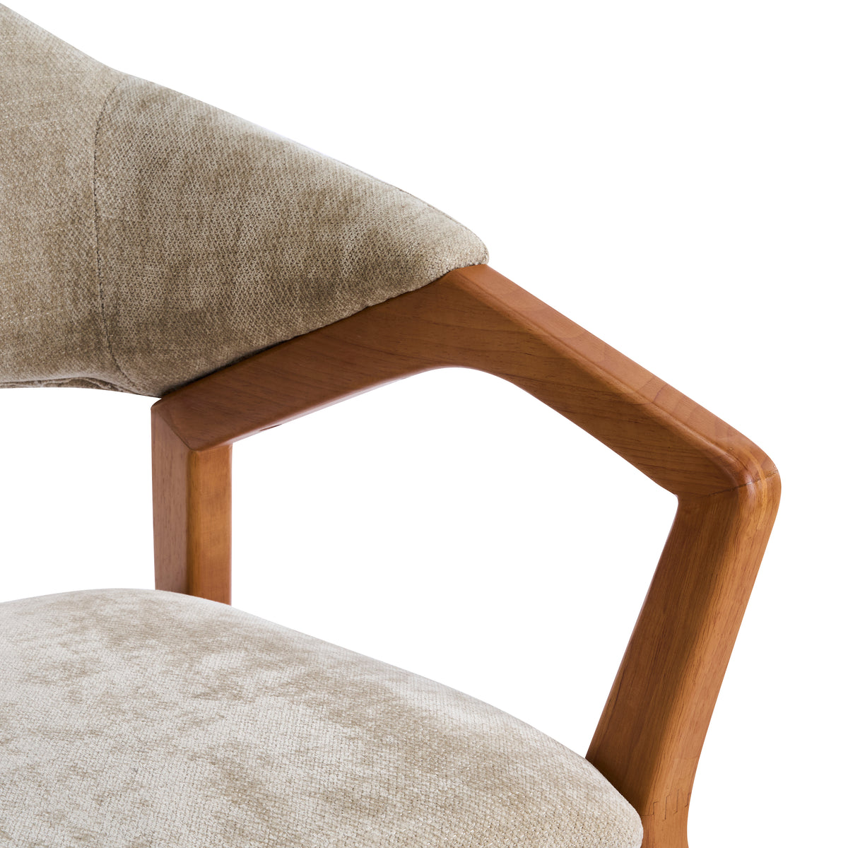Taupo light oak dining chair close-up of the curved armrest and upholstered backrest