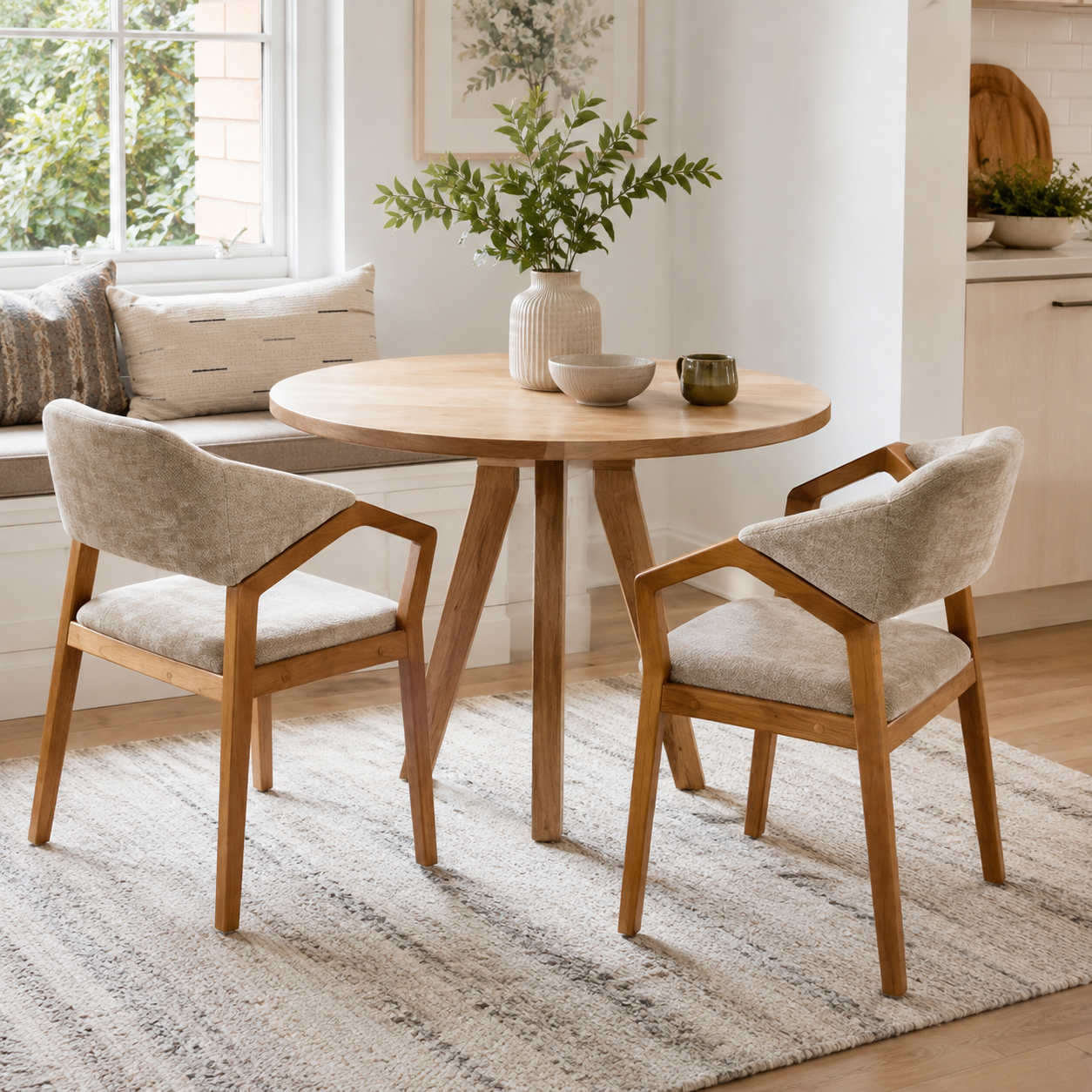 Taupo light oak chenille upholstered dining chairs with ergonomic curved backrests beside a rectangular wood dining table